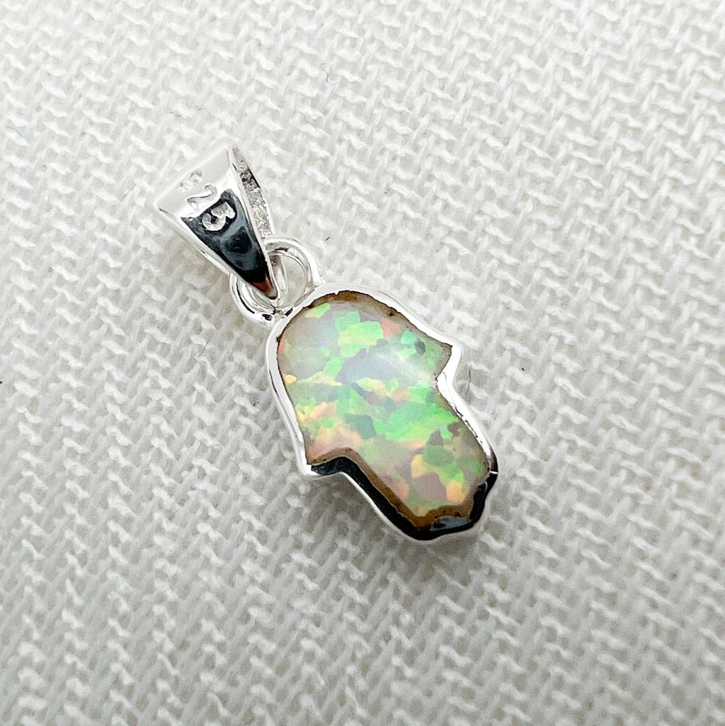 Small Hamsa Pendant with Blue and White Opal in Sterling Silver 925
