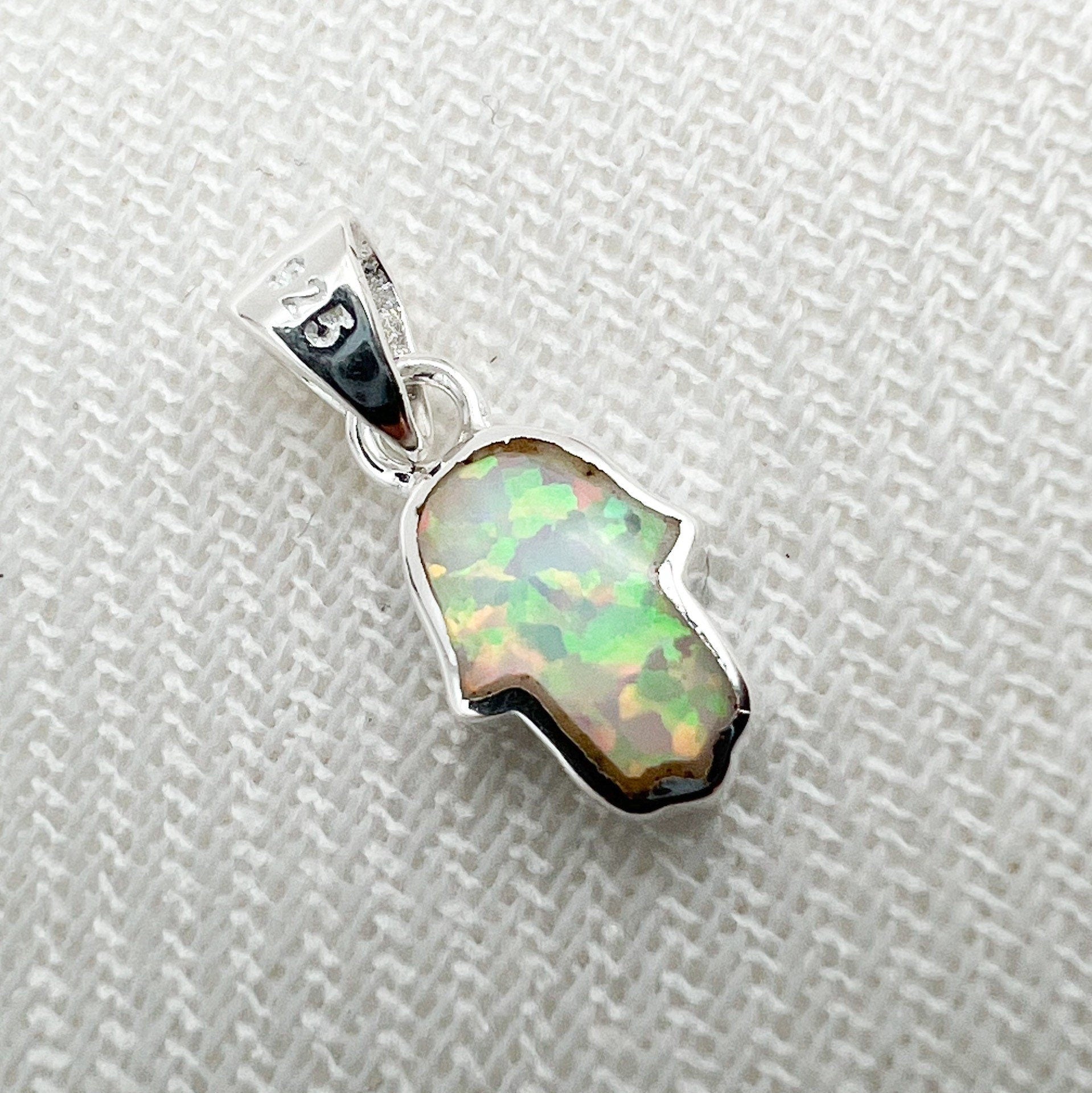 Small Hamsa Pendant with Blue and White Opal in Sterling Silver 925