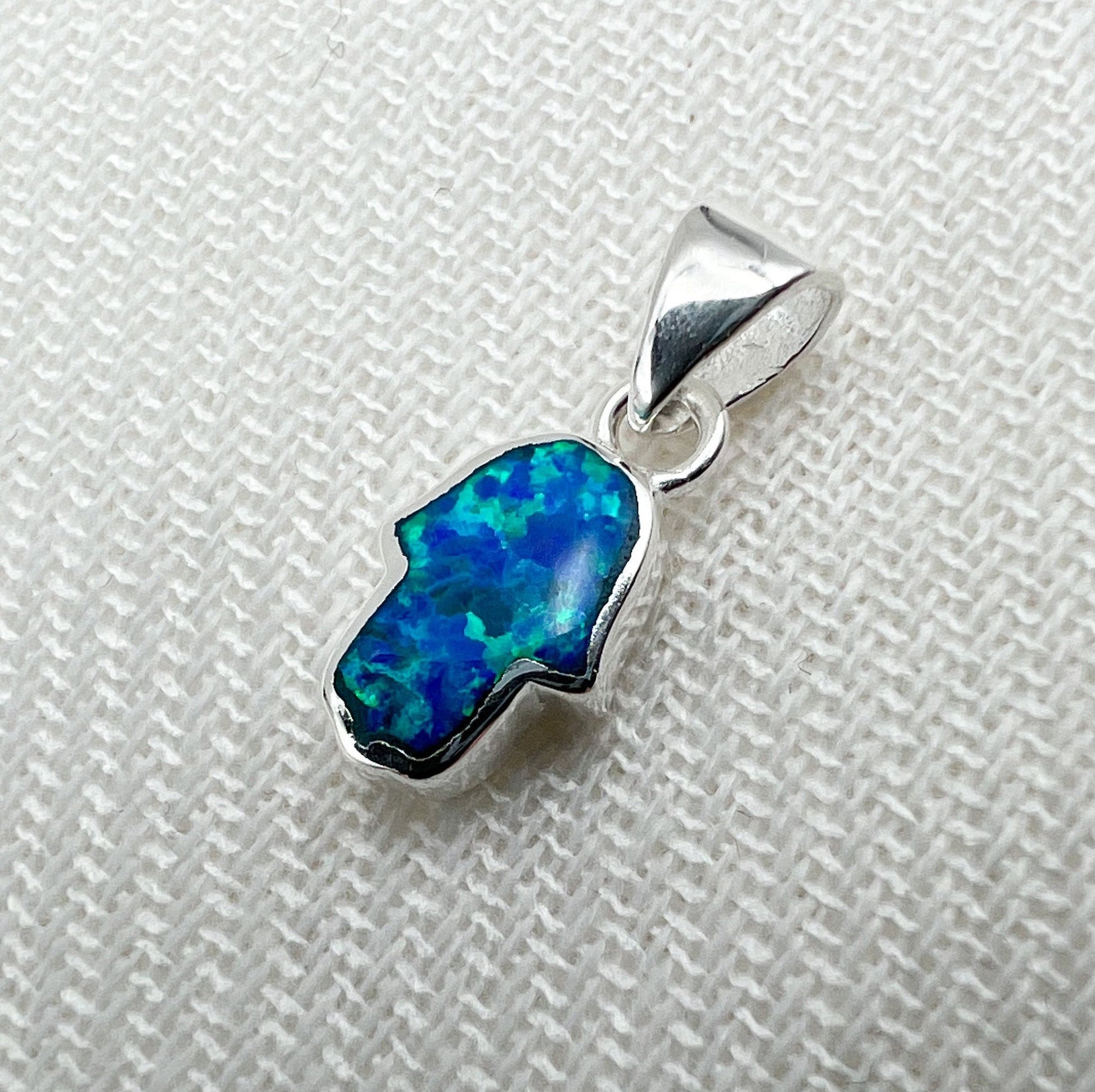 Small Hamsa Pendant with Blue and White Opal in Sterling Silver 925