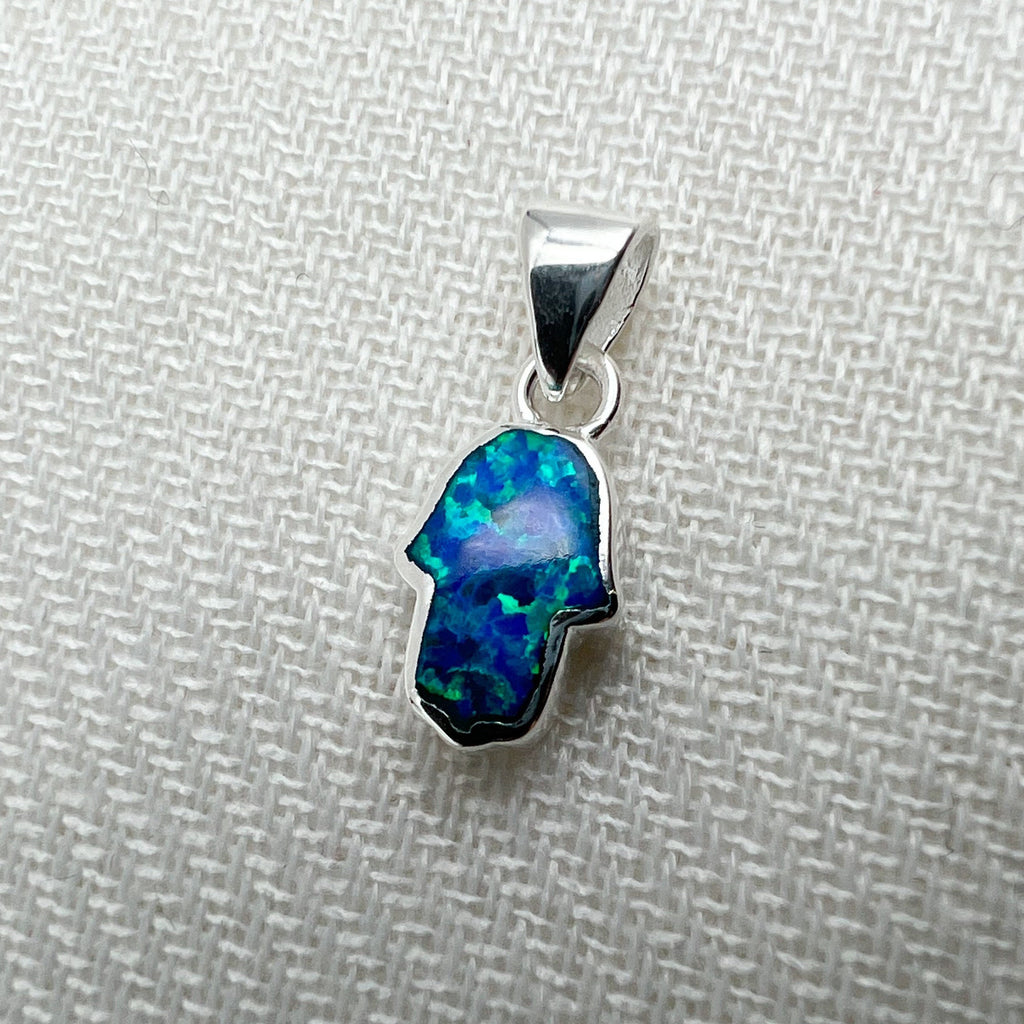 Small Hamsa Pendant with Blue and White Opal in Sterling Silver 925
