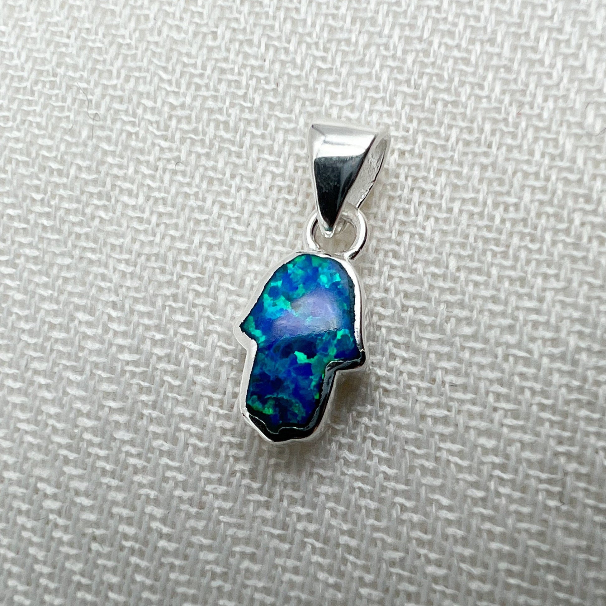 Small Hamsa Pendant with Blue and White Opal in Sterling Silver 925