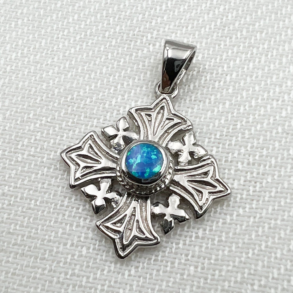 Sacred Jerusalem Cross with Blue Opal in Sterling Silver 925