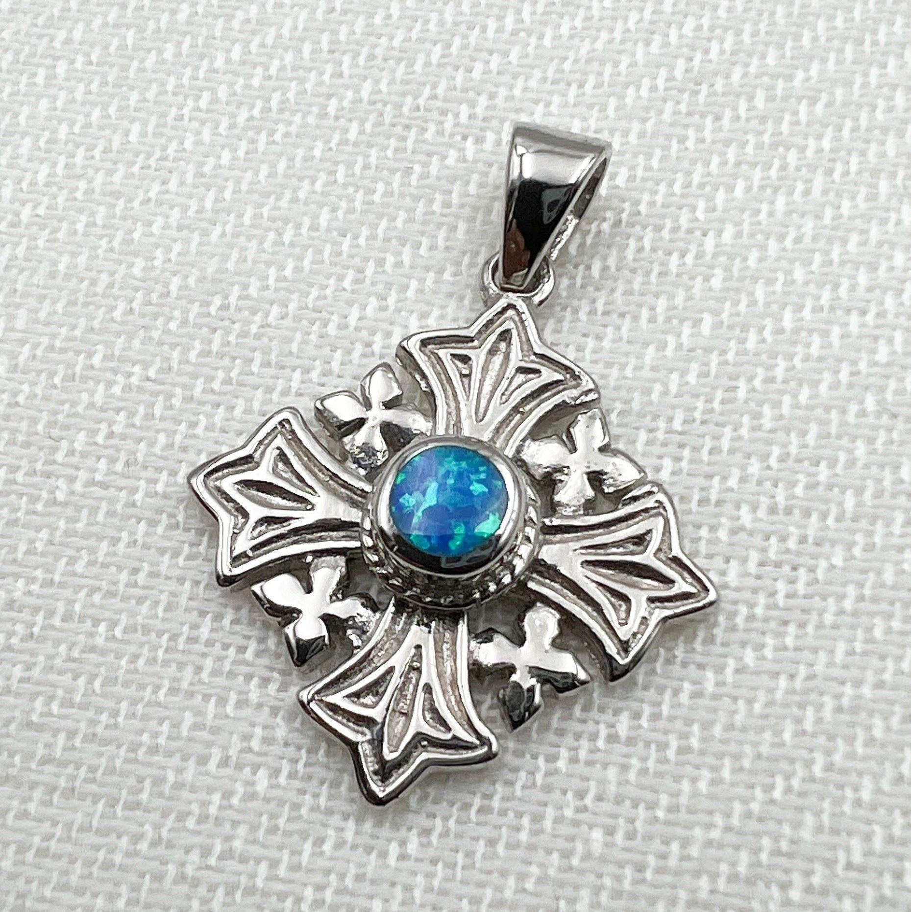 Sacred Jerusalem Cross with Blue Opal in Sterling Silver 925