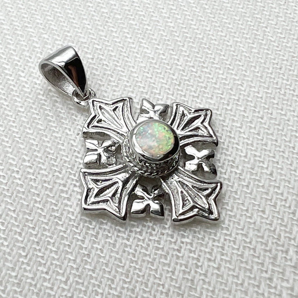 Sacred Jerusalem Cross with White Opal in Sterling Silver 925