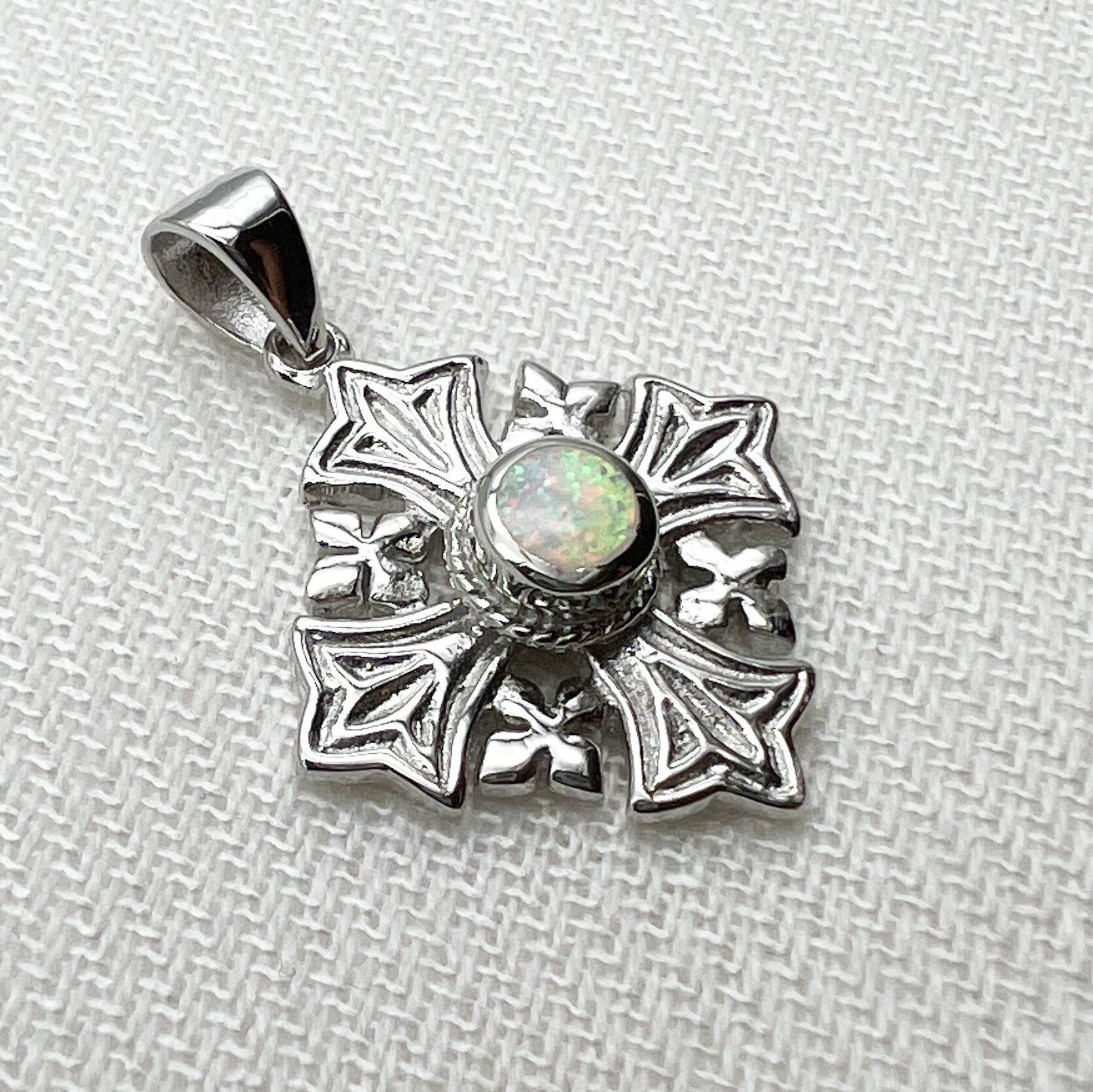 Sacred Jerusalem Cross with White Opal in Sterling Silver 925