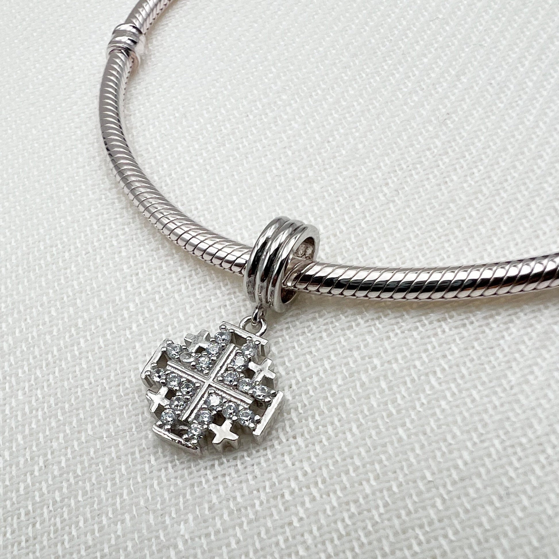 Jerusalem Cross Silver Charm with Zirconia for Pandora Bracelet