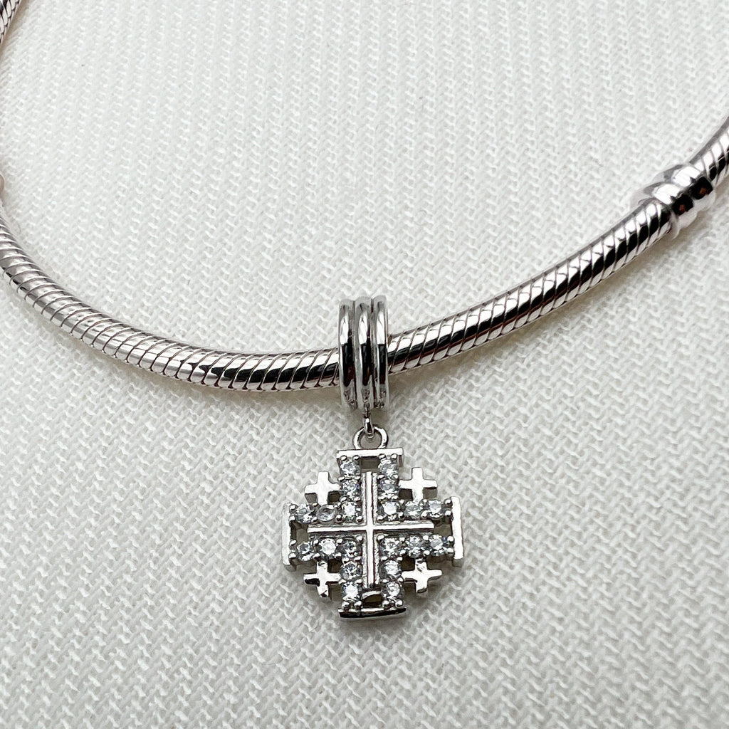 Jerusalem Cross Silver Charm with Zirconia for Pandora Bracelet