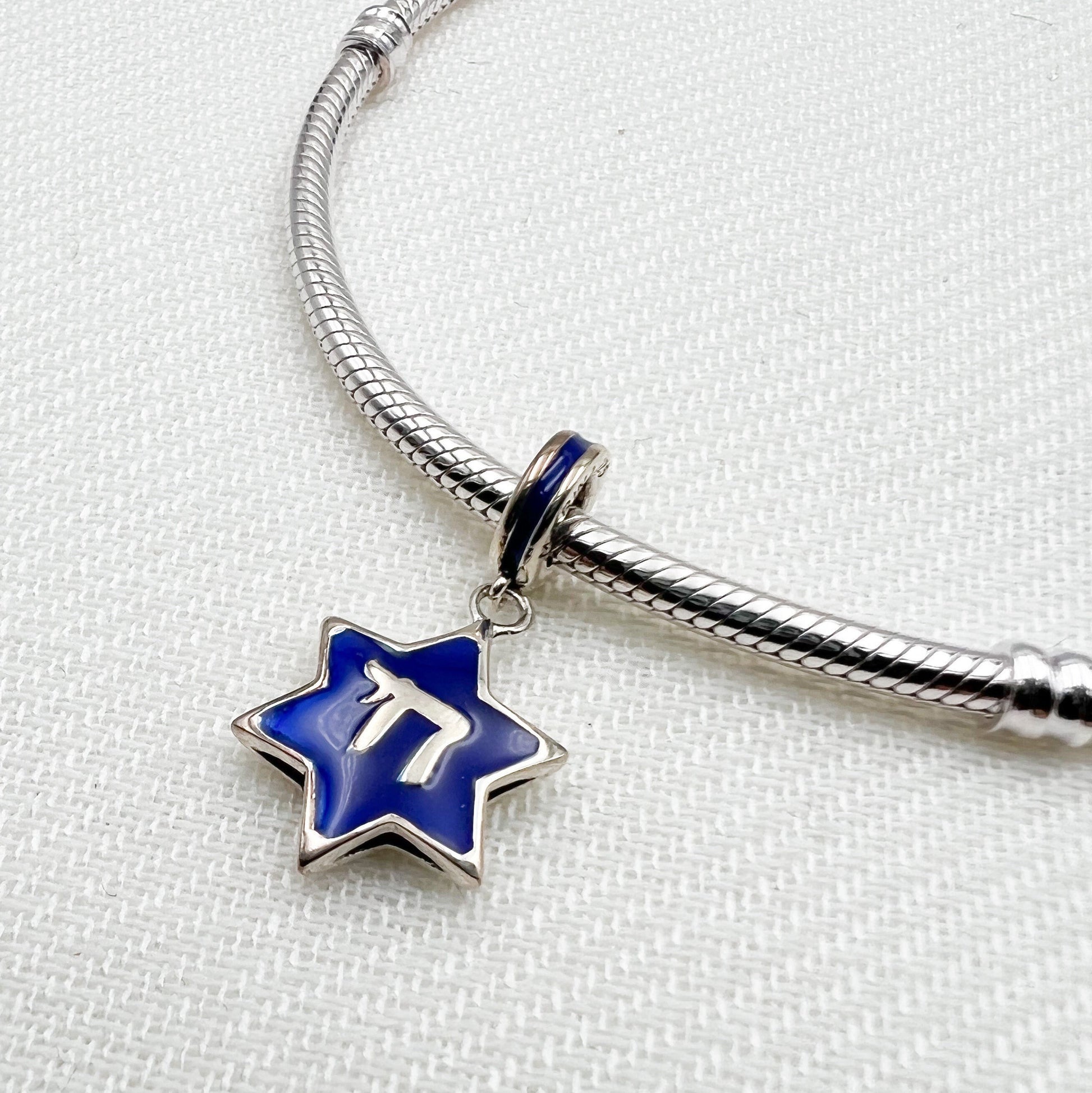 Star of David with Chai Charm in Silver 925 and Blue Enamel - Perfect for Pandora Bracelet