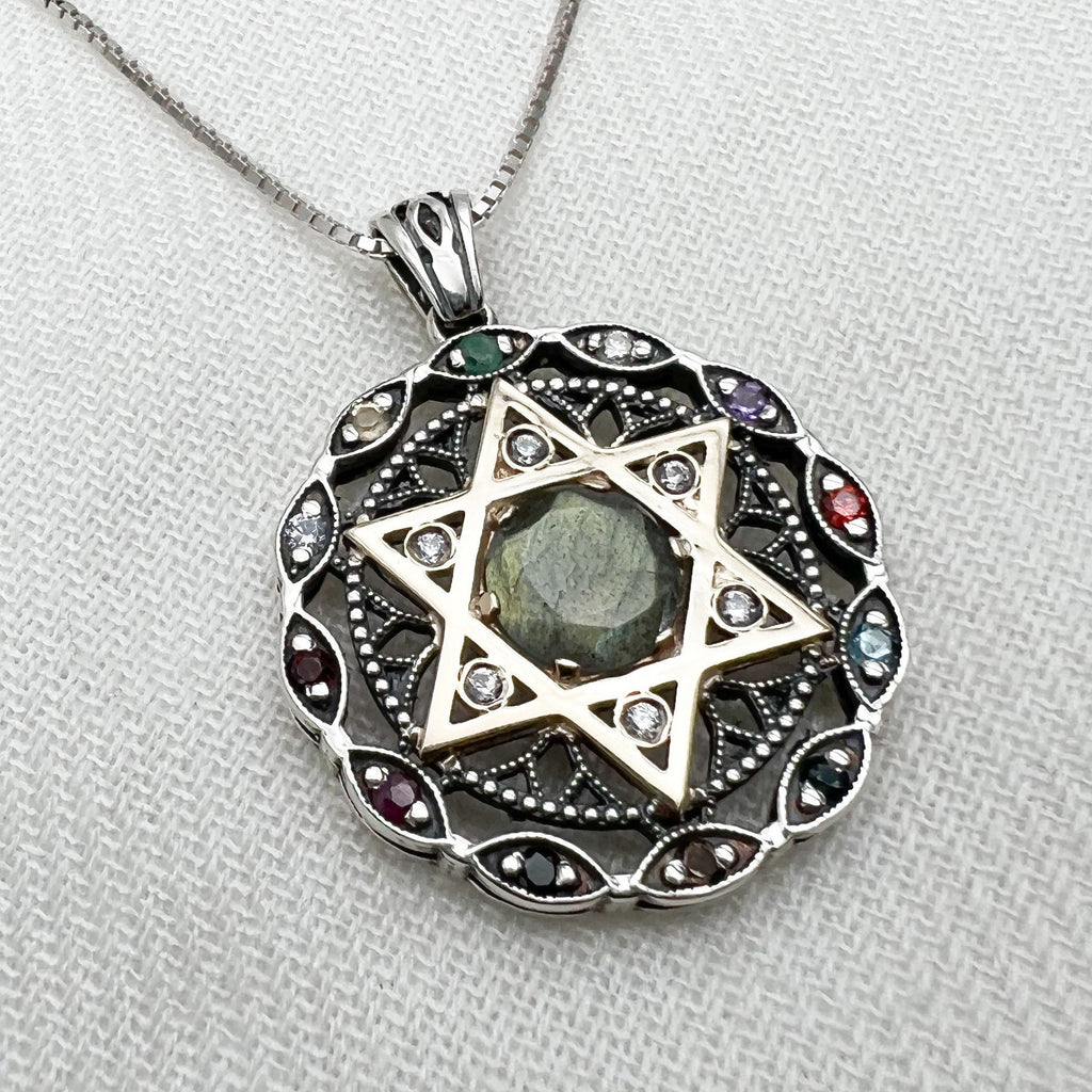 Star of David and 12 Hoshen Stones Pendant in Silver 925 - Holy Priest Symbol