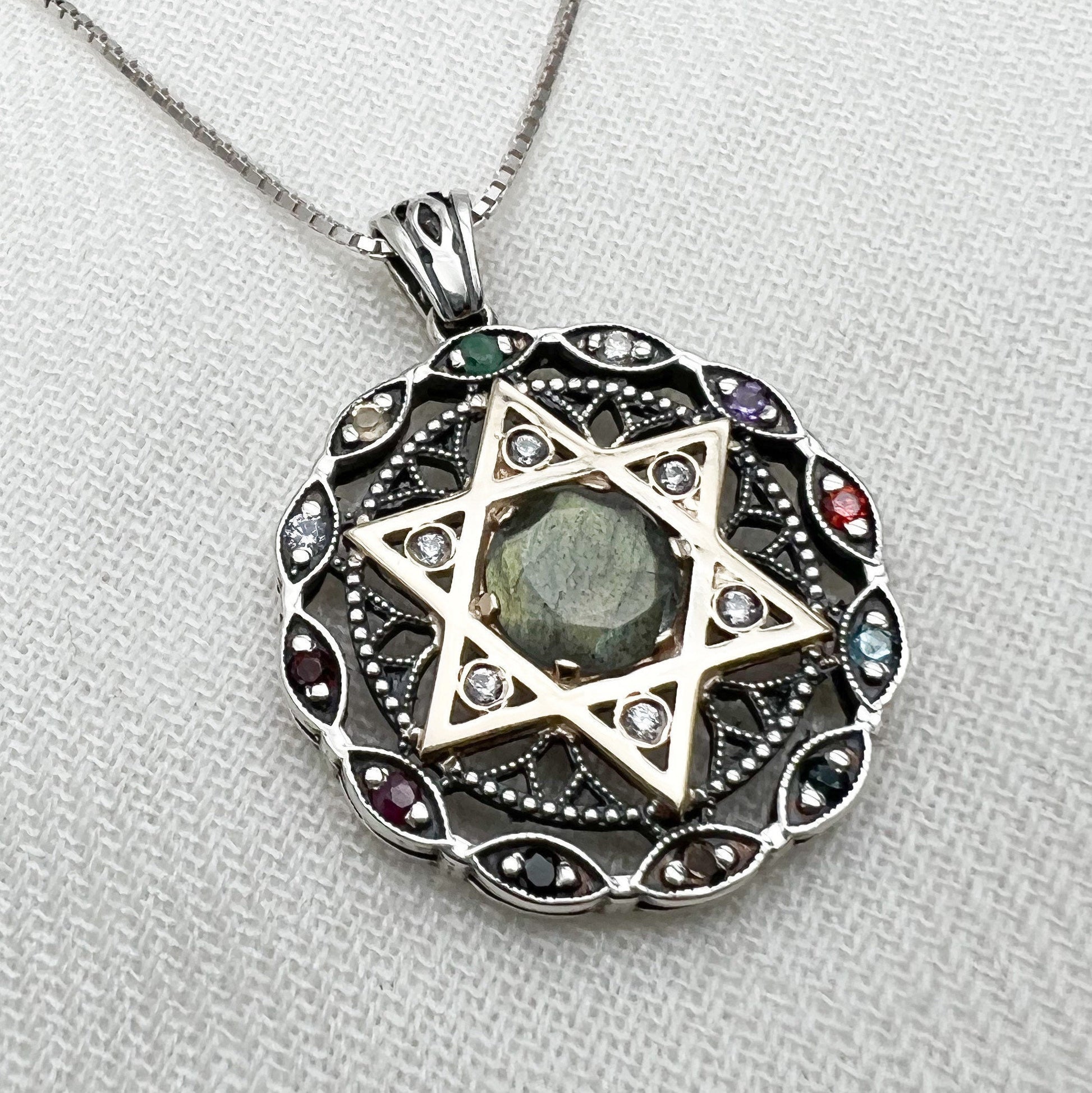 Star of David and 12 Hoshen Stones Pendant in Silver 925 - Holy Priest Symbol