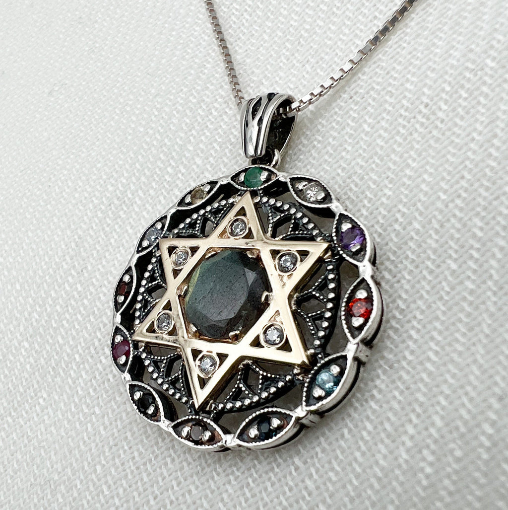 Star of David and 12 Hoshen Stones Pendant in Silver 925 - Holy Priest Symbol