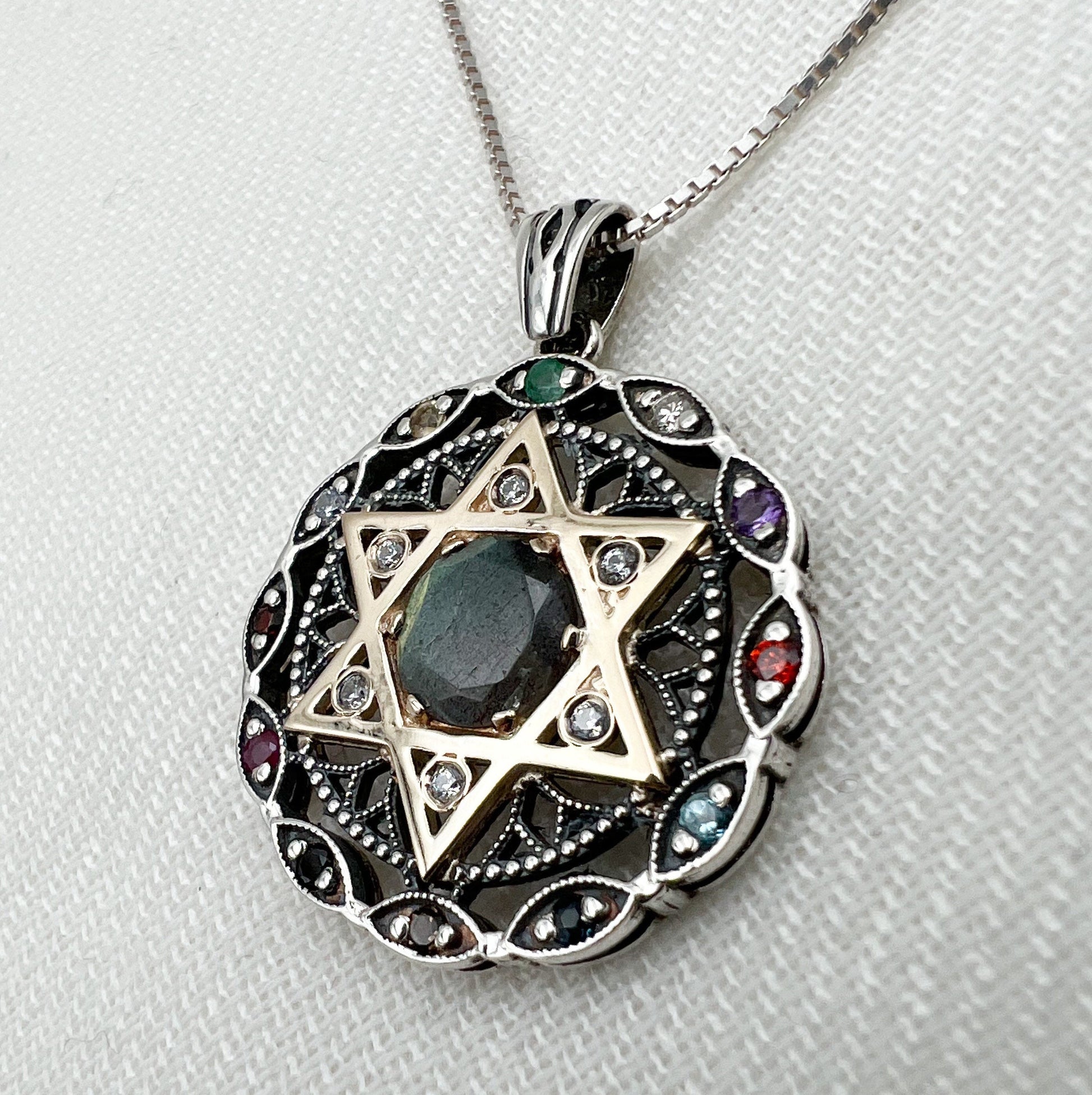 Star of David and 12 Hoshen Stones Pendant in Silver 925 - Holy Priest Symbol