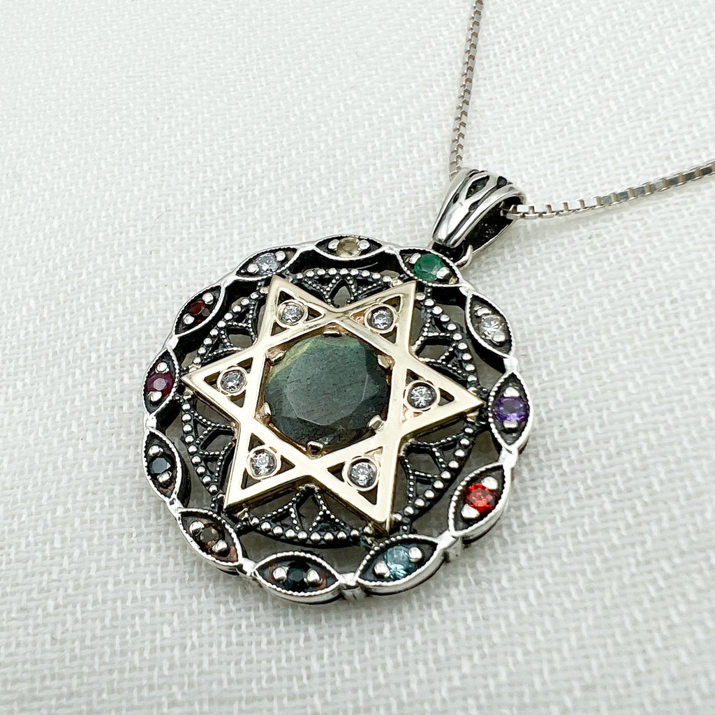 Star of David and 12 Hoshen Stones Pendant in Silver 925 - Holy Priest Symbol