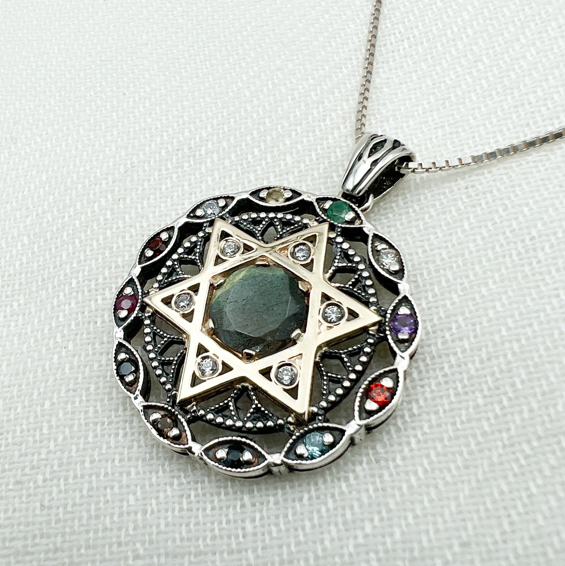 Star of David and 12 Hoshen Stones Pendant in Silver 925 - Holy Priest Symbol