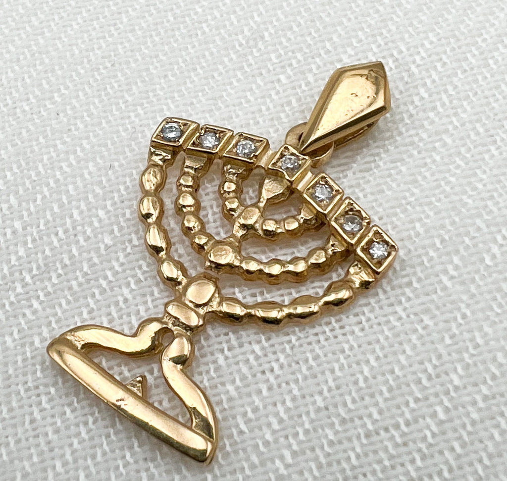 14k Solid Gold Menorah Pendant with Sparkling Zirconia