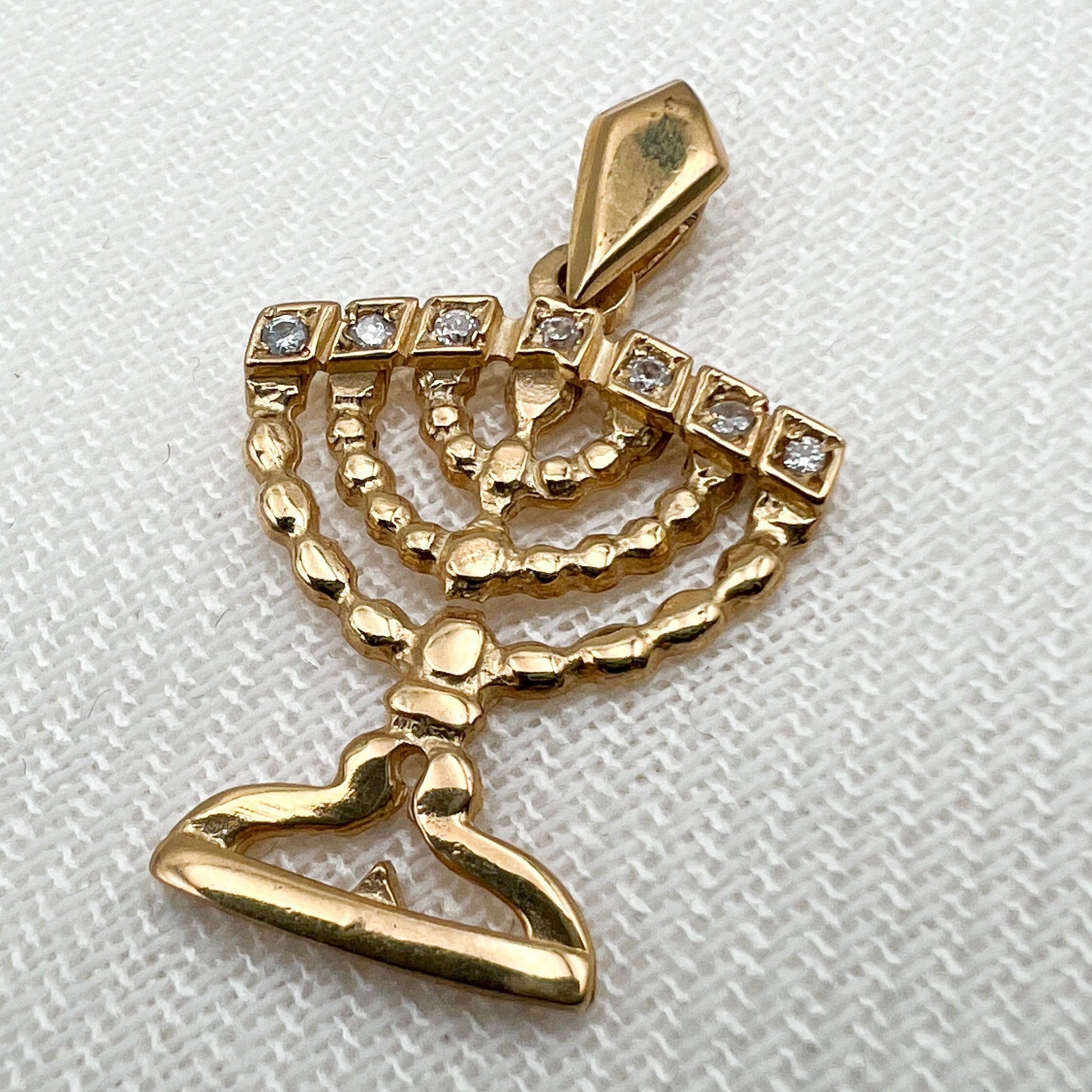 14k Solid Gold Menorah Pendant with Sparkling Zirconia