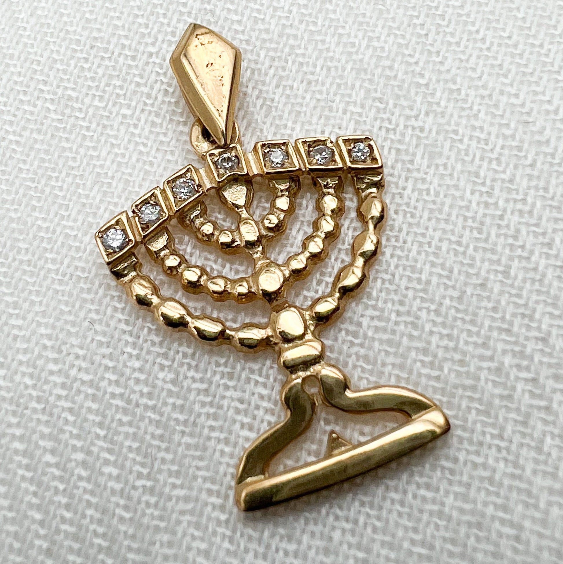 14k Solid Gold Menorah Pendant with Sparkling Zirconia