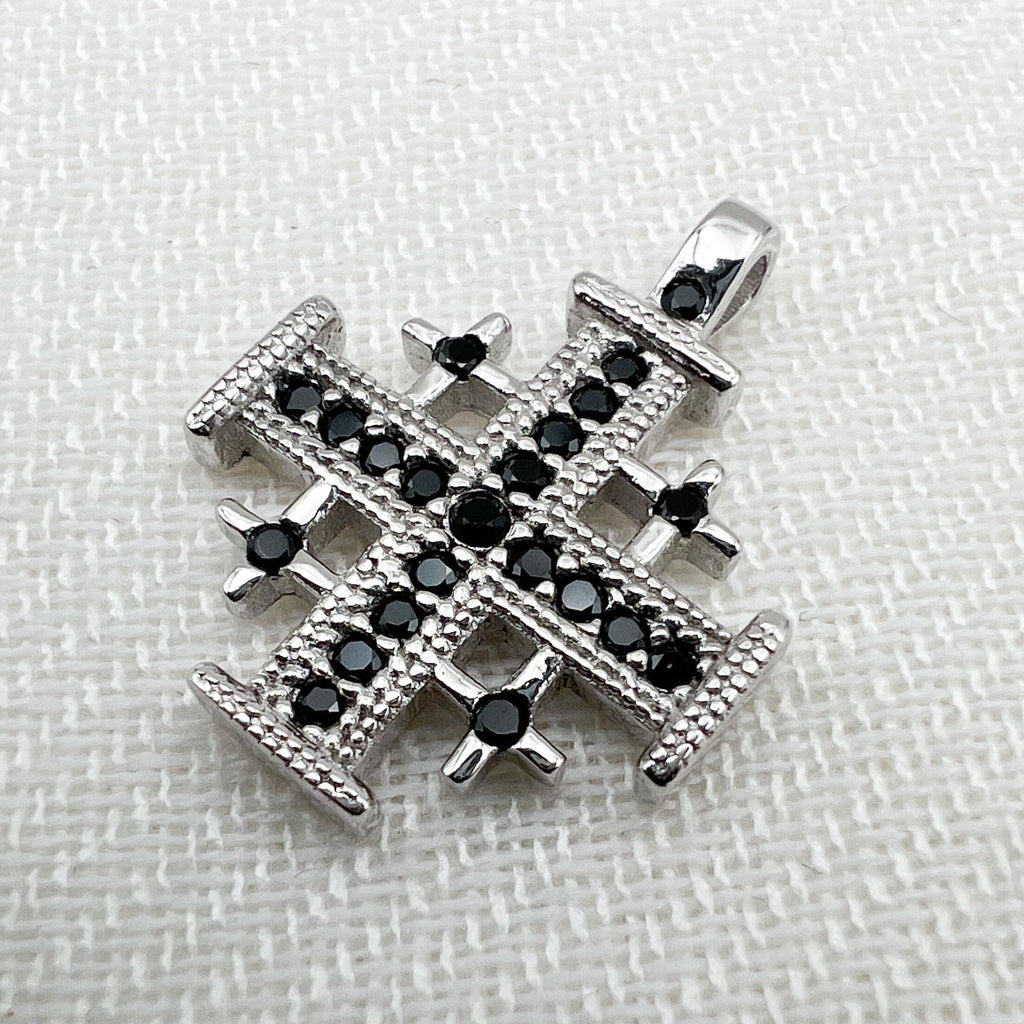 Faithful Grace Jerusalem Cross Pendant in Silver 925 with Bold Black Onyx Accent