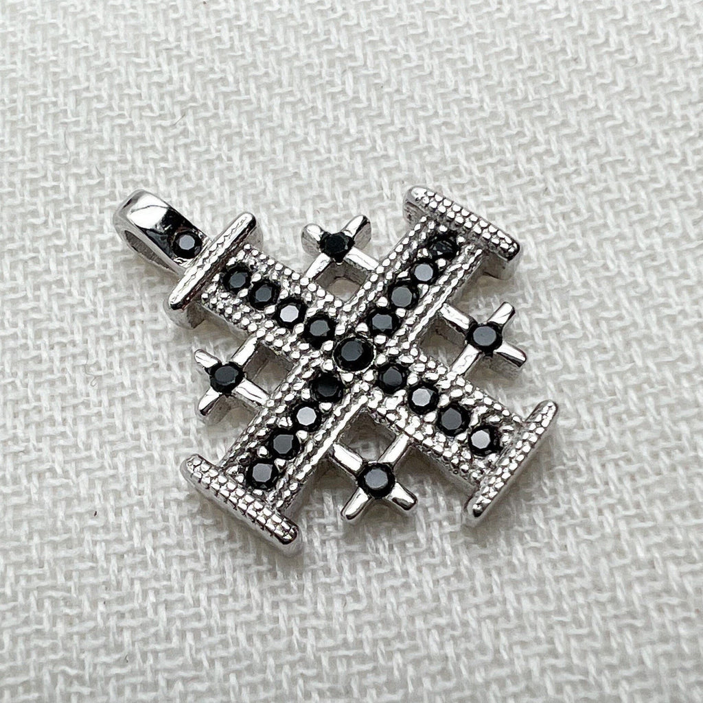 Faithful Grace Jerusalem Cross Pendant in Silver 925 with Bold Black Onyx Accent