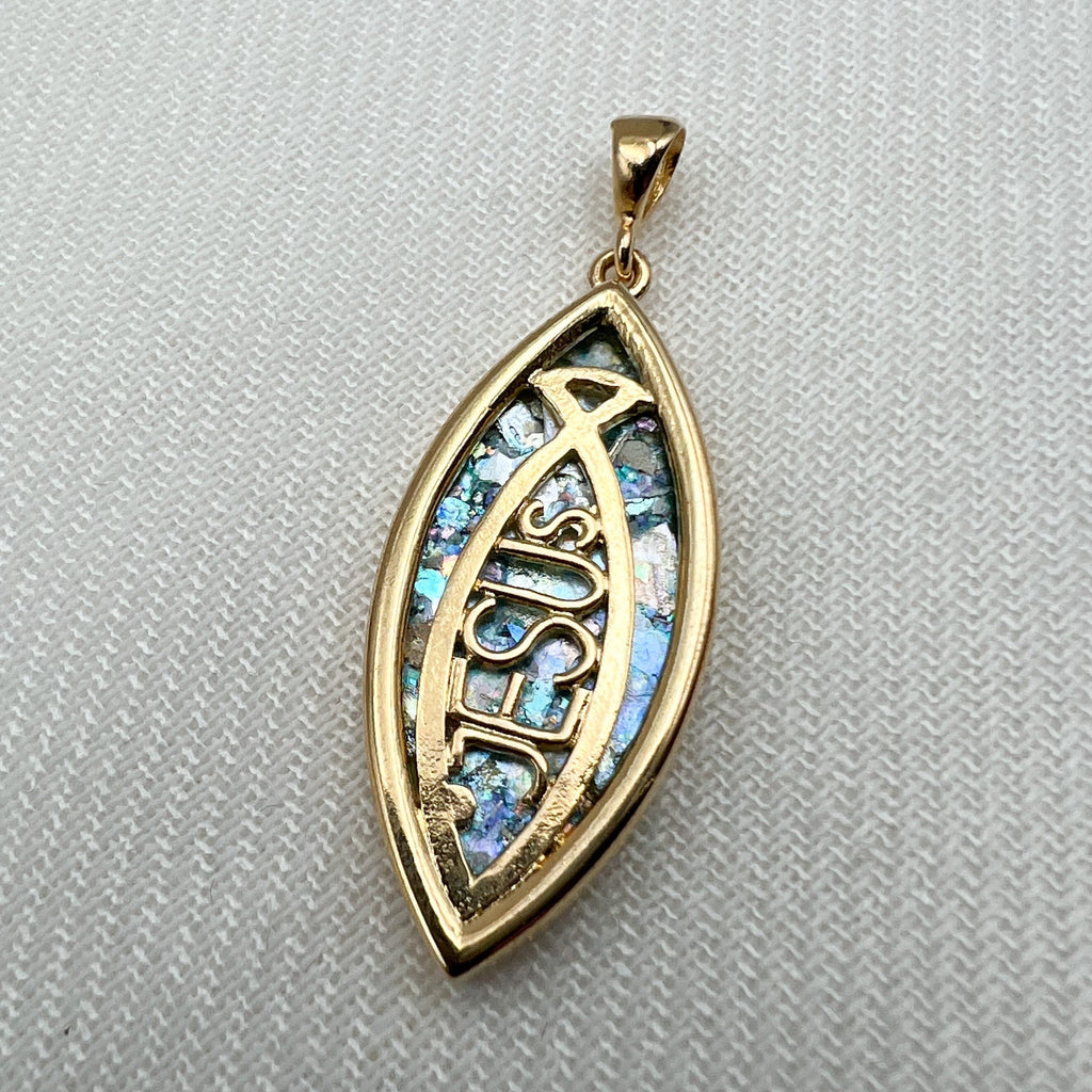 Jesus and The Fish Roman Glass Cross Pendant in Goldfield