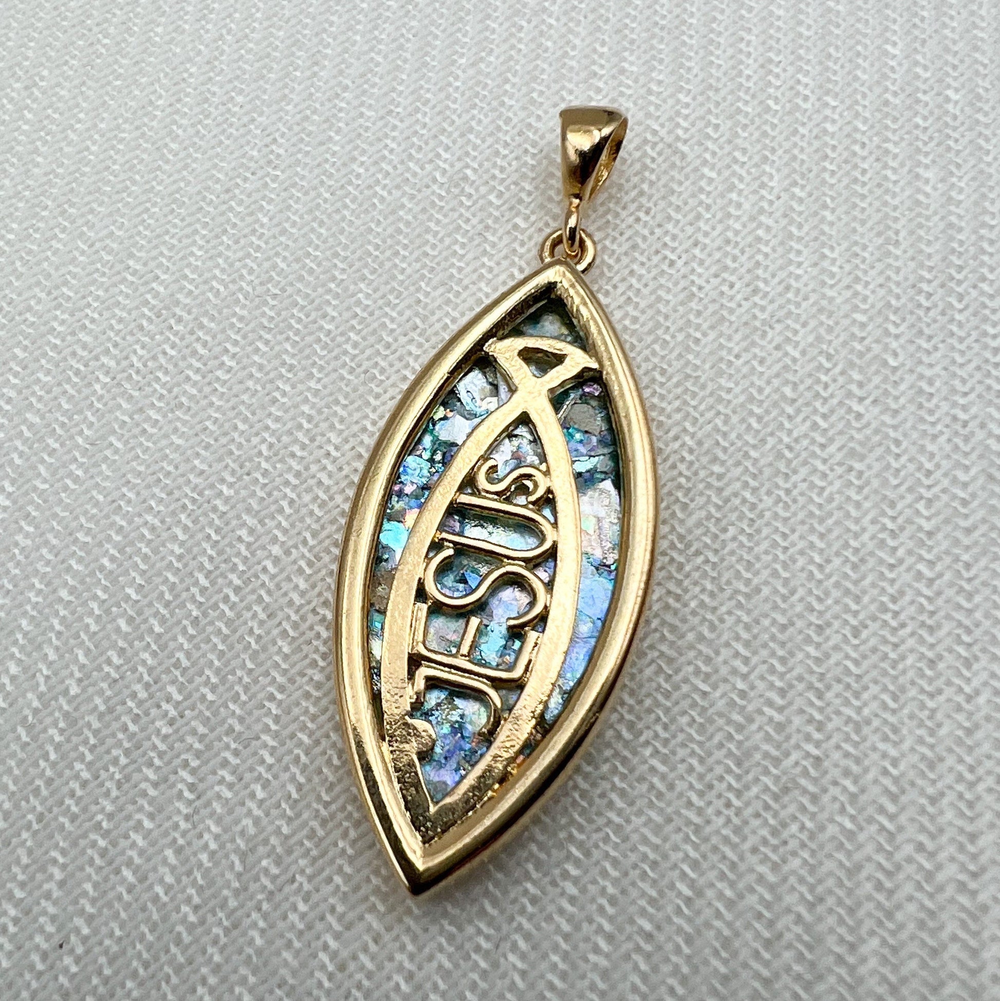 Jesus and The Fish Roman Glass Cross Pendant in Goldfield
