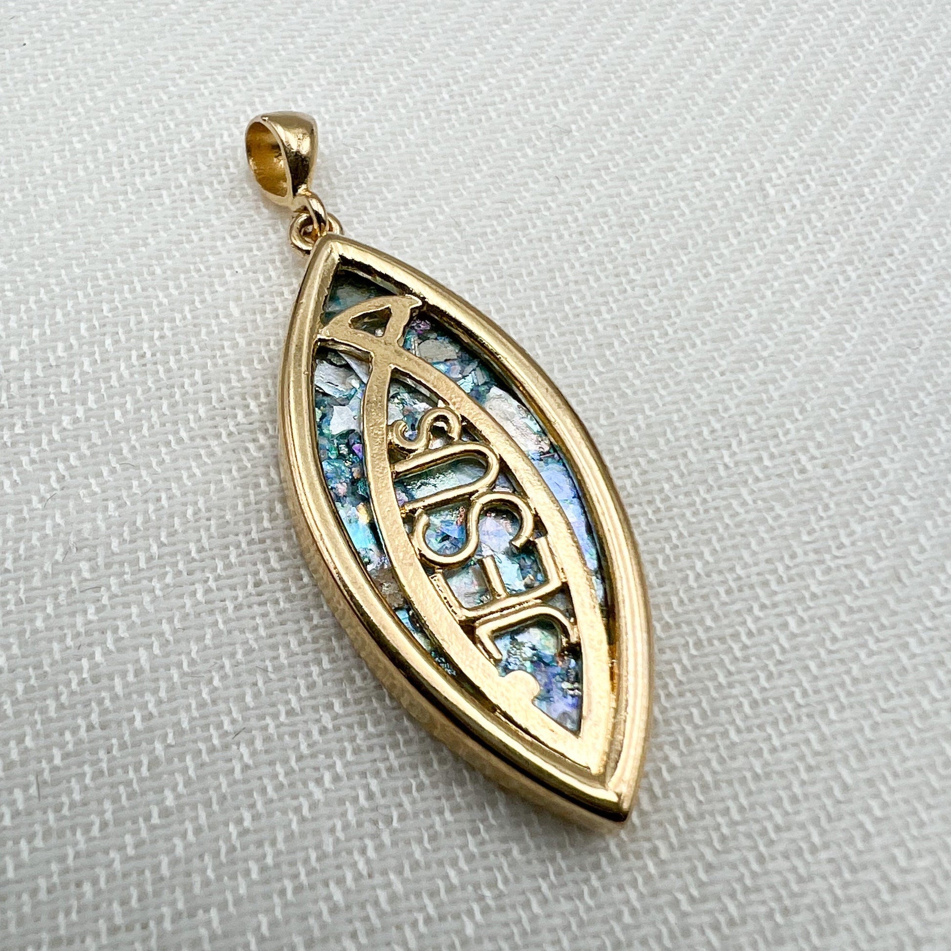 Jesus and The Fish Roman Glass Cross Pendant in Goldfield
