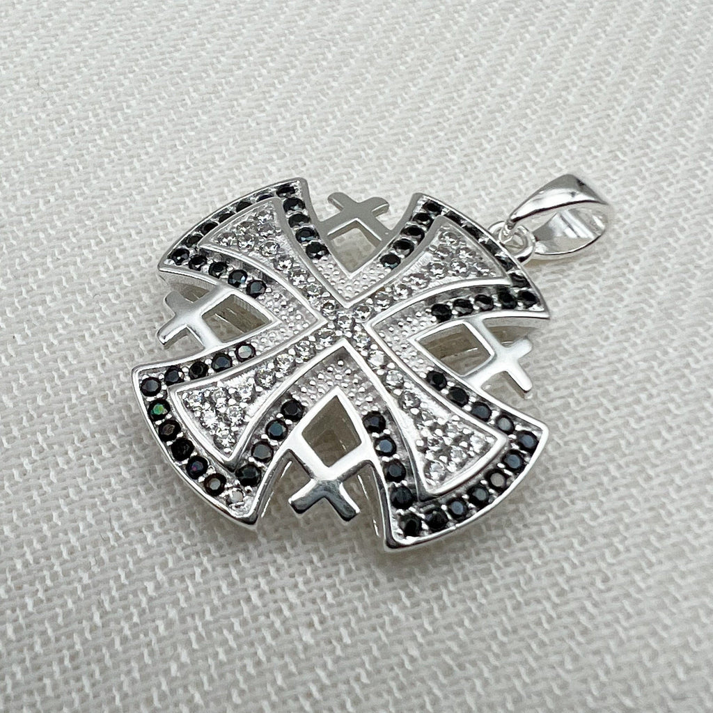 Silver 925 Jerusalem Cross Pendant with White and Black Zircons