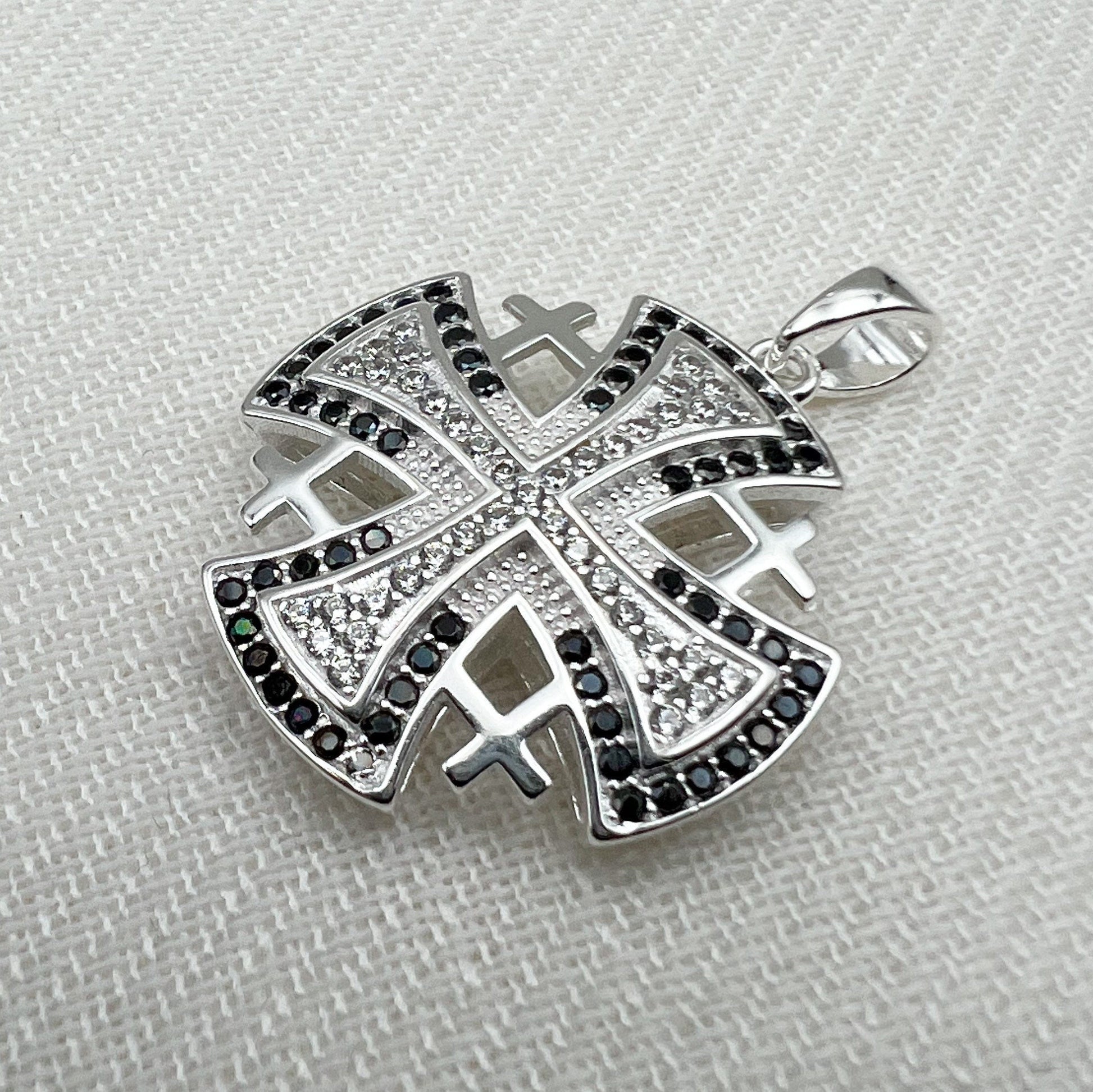 Silver 925 Jerusalem Cross Pendant with White and Black Zircons