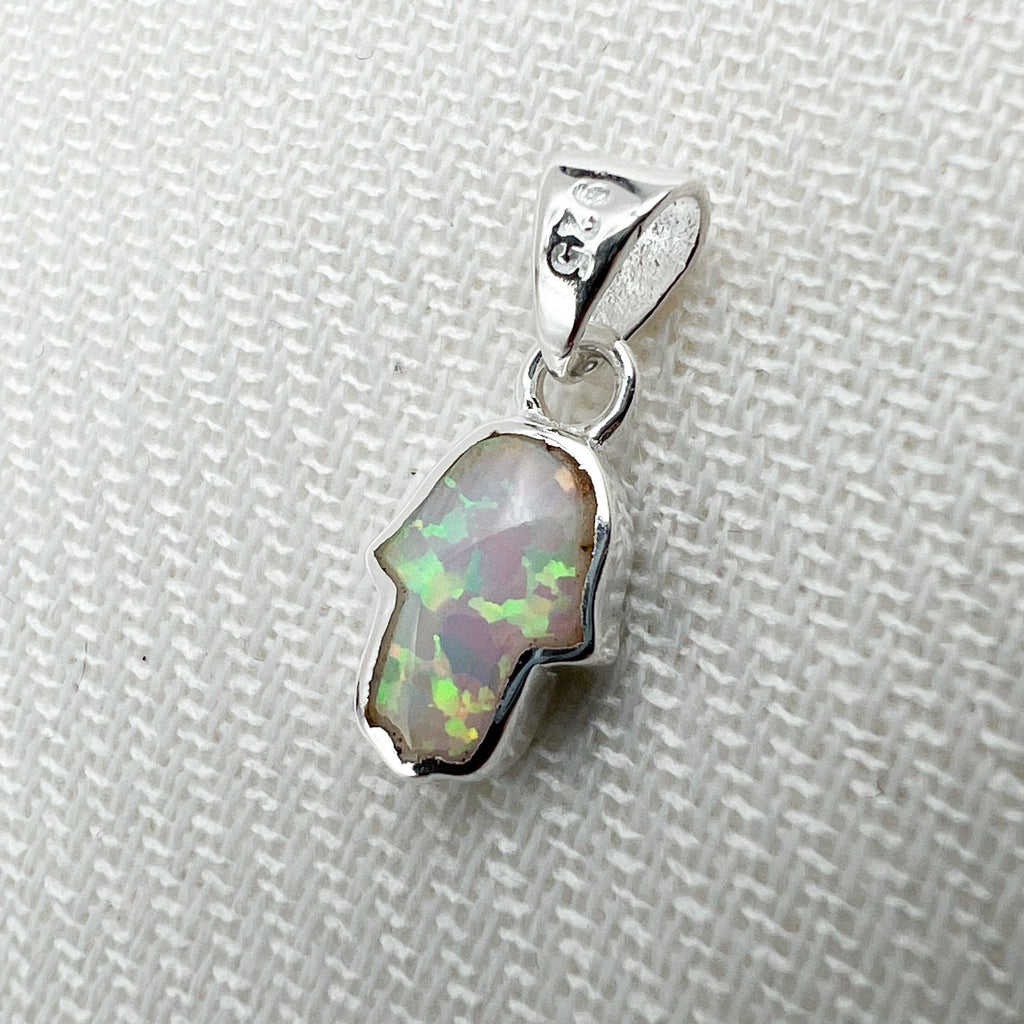 Small Hamsa Pendant with Blue and White Opal in Sterling Silver 925