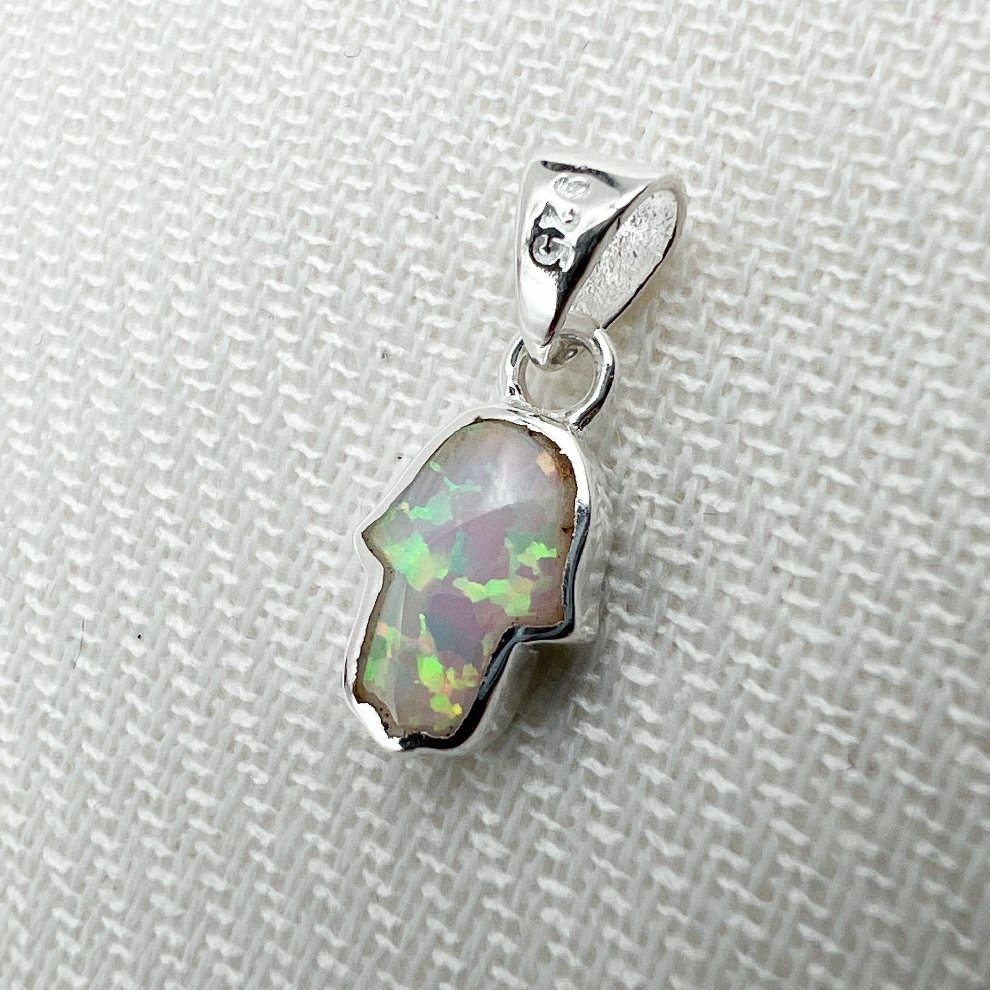 Small Hamsa Pendant with Blue and White Opal in Sterling Silver 925