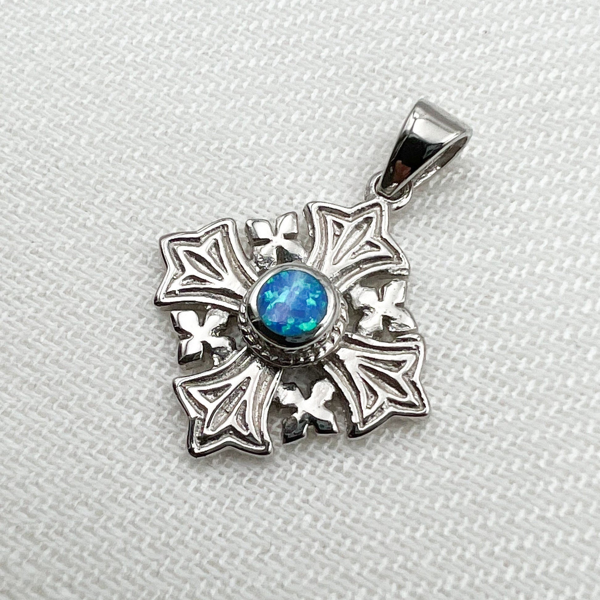 Sacred Jerusalem Cross with Blue Opal in Sterling Silver 925
