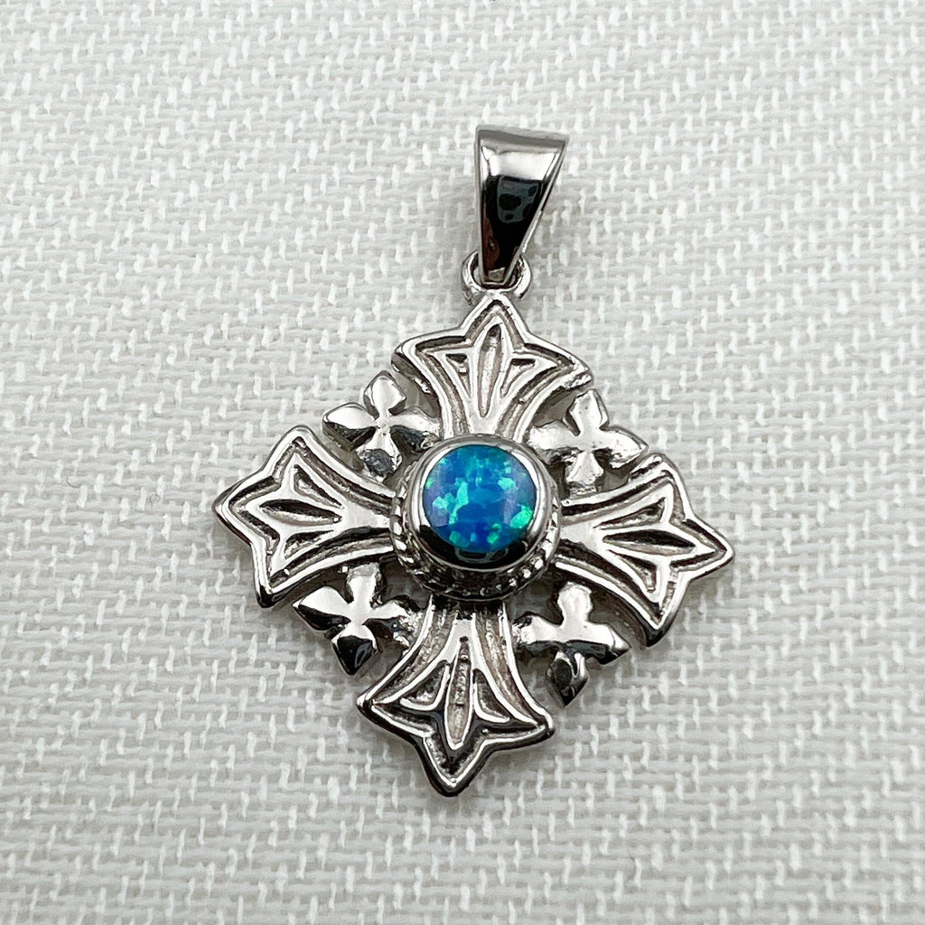 Sacred Jerusalem Cross with Blue Opal in Sterling Silver 925