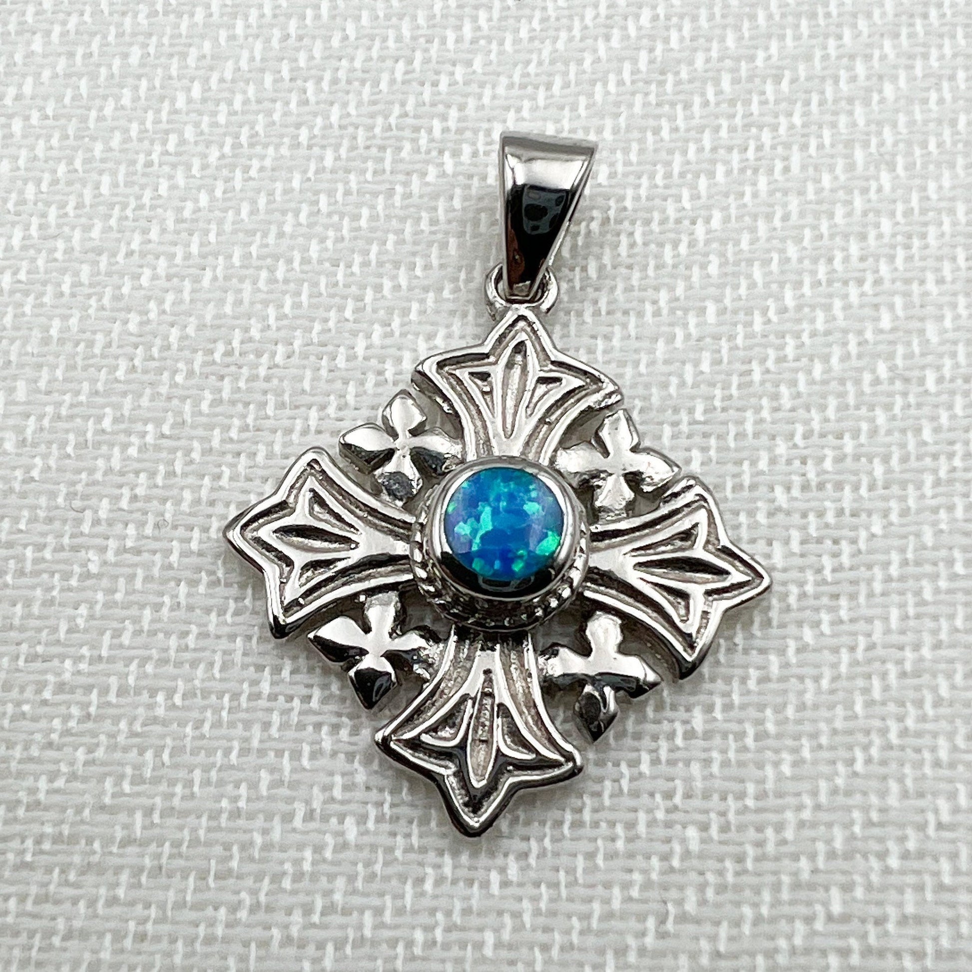 Sacred Jerusalem Cross with Blue Opal in Sterling Silver 925