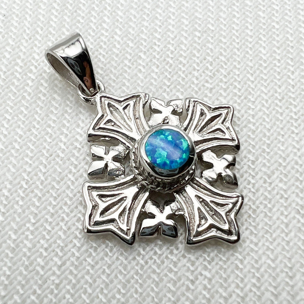 Sacred Jerusalem Cross with Blue Opal in Sterling Silver 925