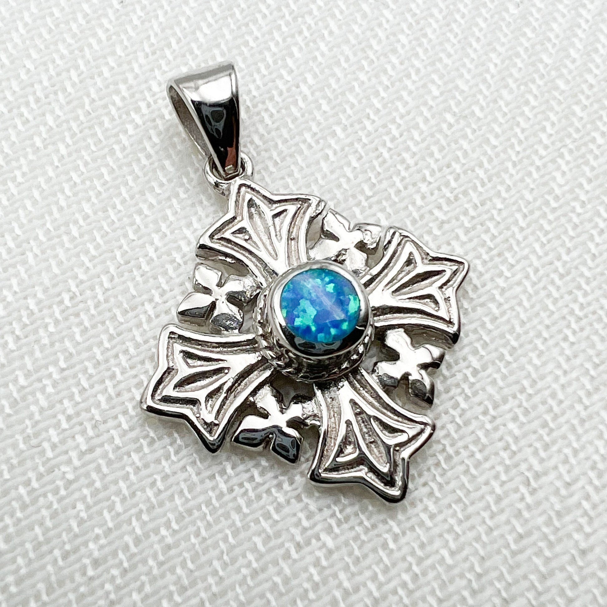 Sacred Jerusalem Cross with Blue Opal in Sterling Silver 925