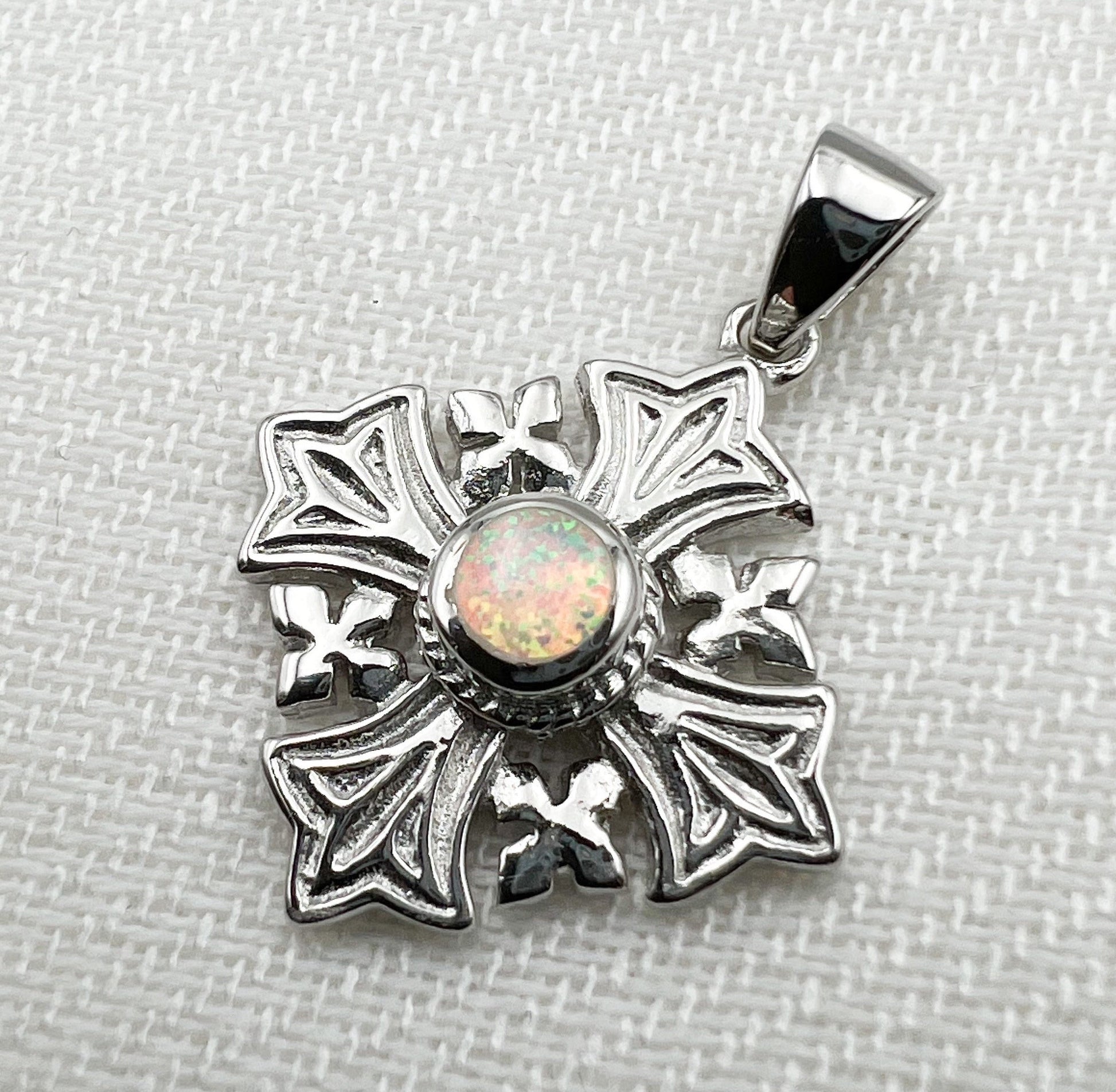 Sacred Jerusalem Cross with White Opal in Sterling Silver 925