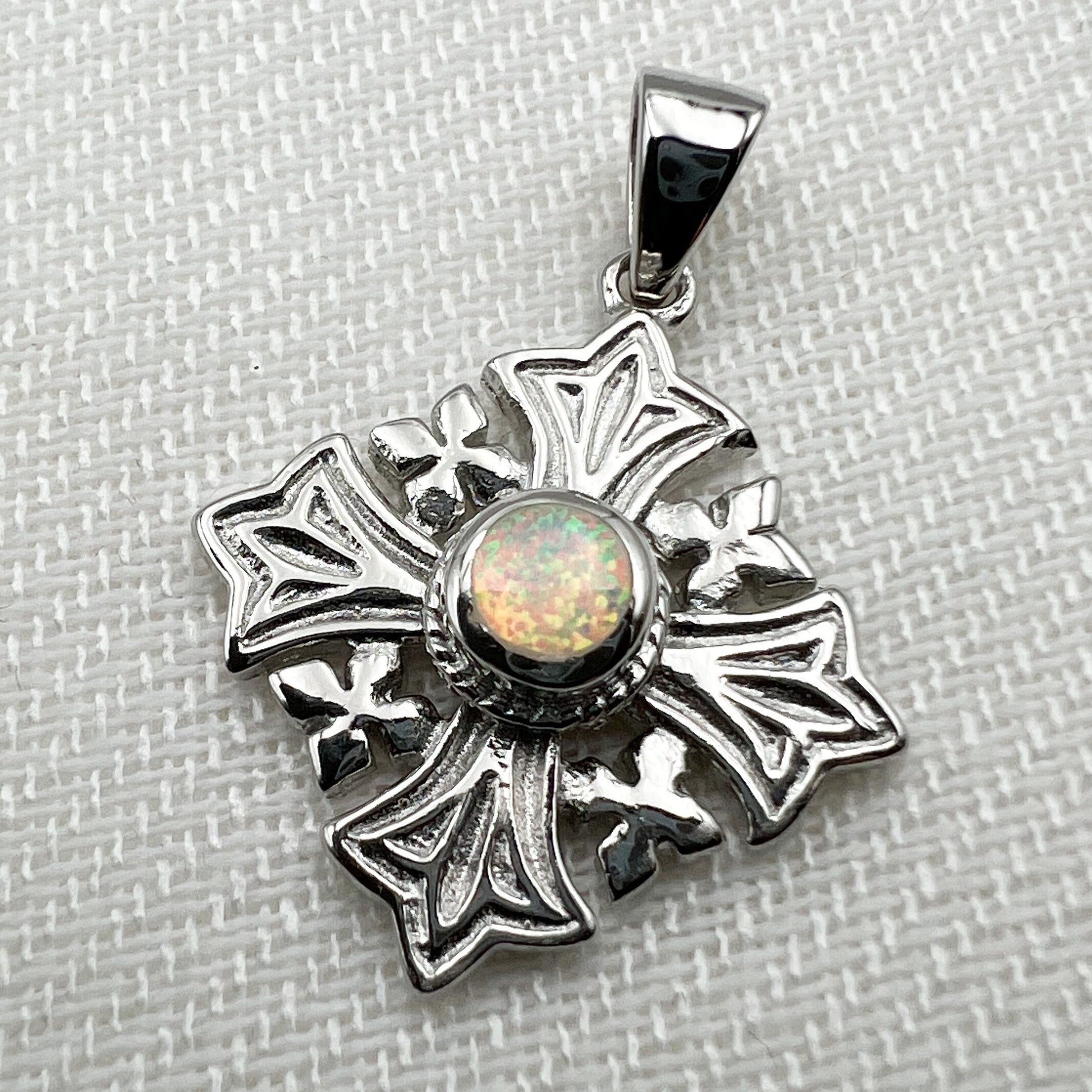 Sacred Jerusalem Cross with White Opal in Sterling Silver 925