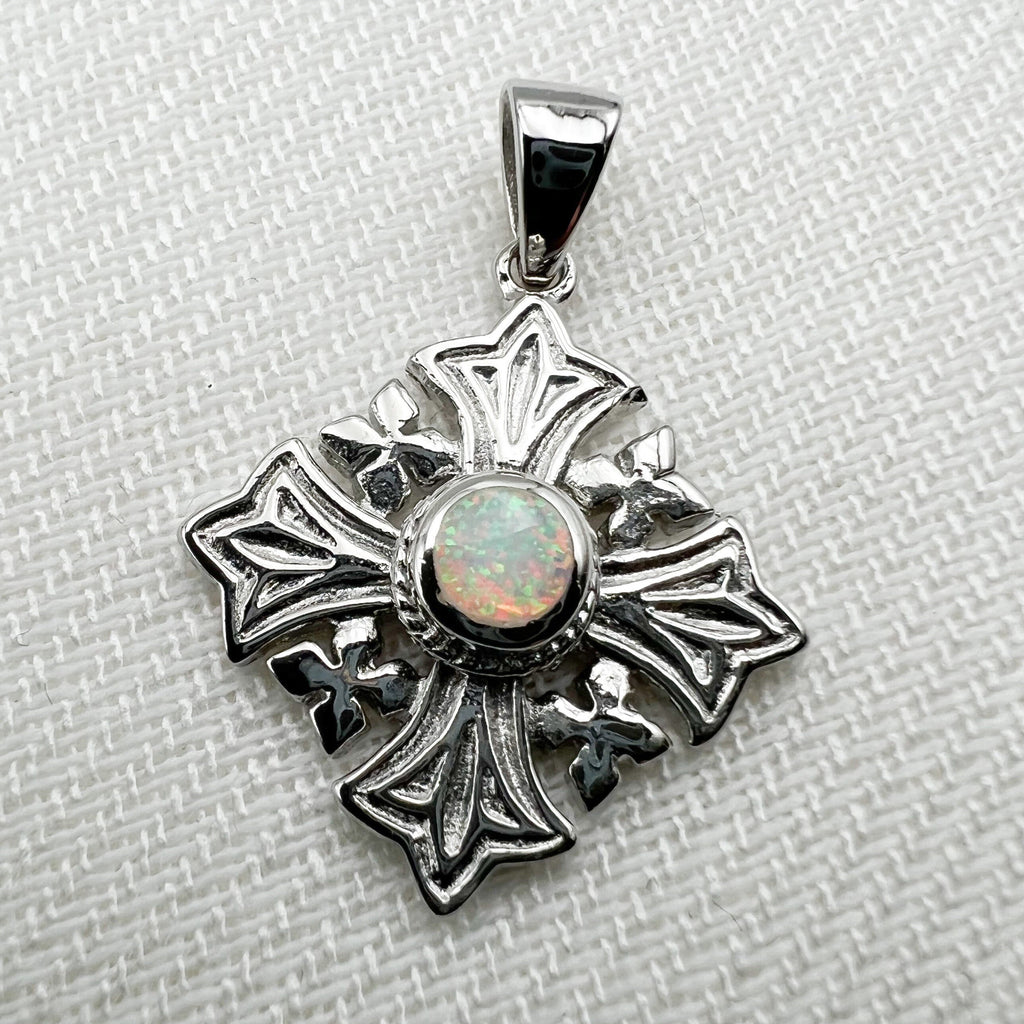 Sacred Jerusalem Cross with White Opal in Sterling Silver 925