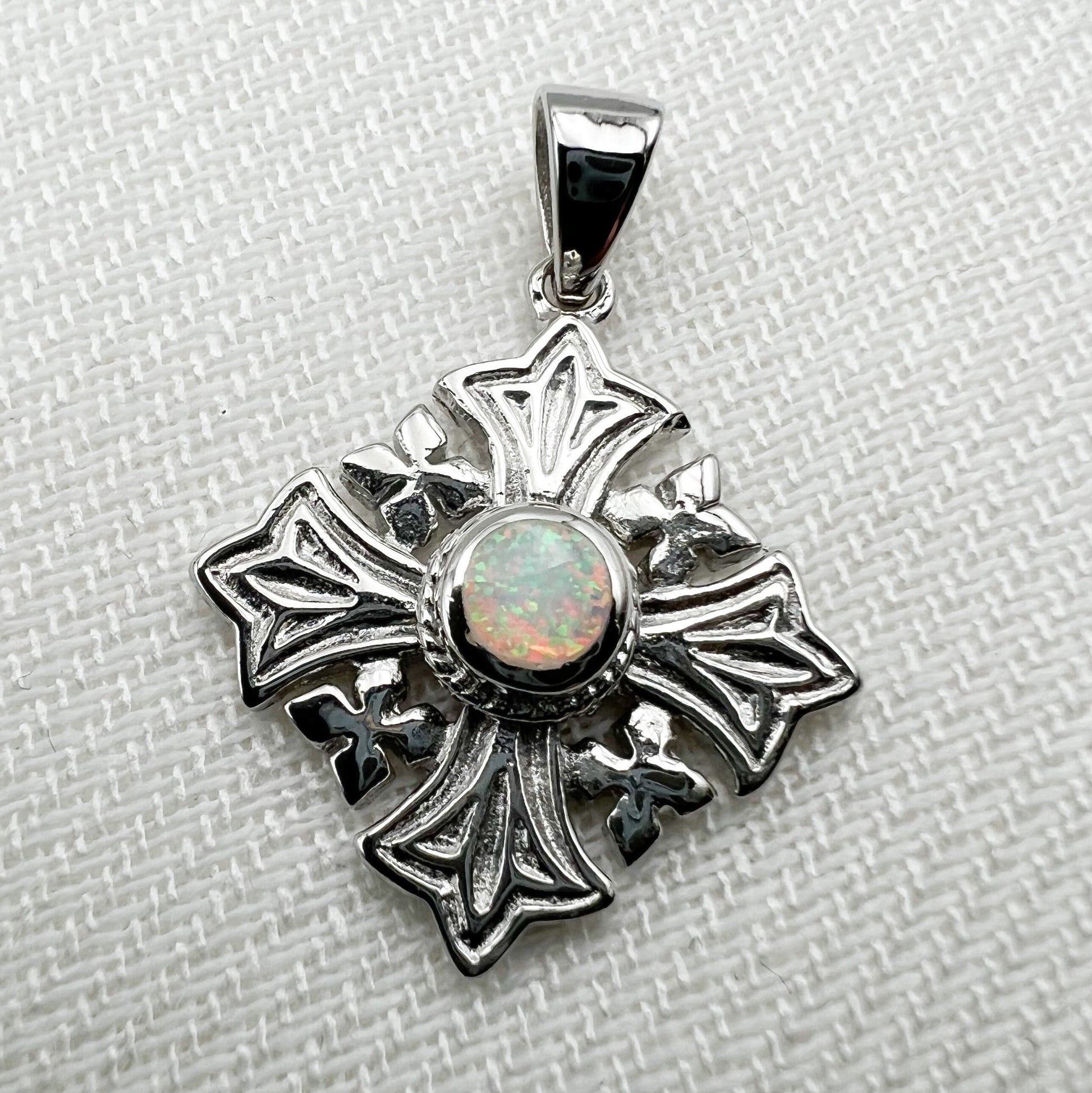 Sacred Jerusalem Cross with White Opal in Sterling Silver 925