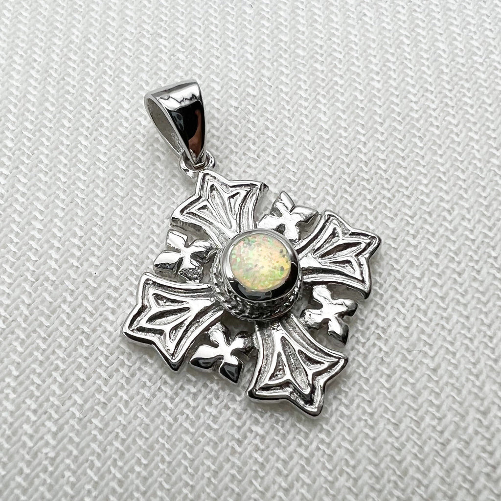 Sacred Jerusalem Cross with White Opal in Sterling Silver 925