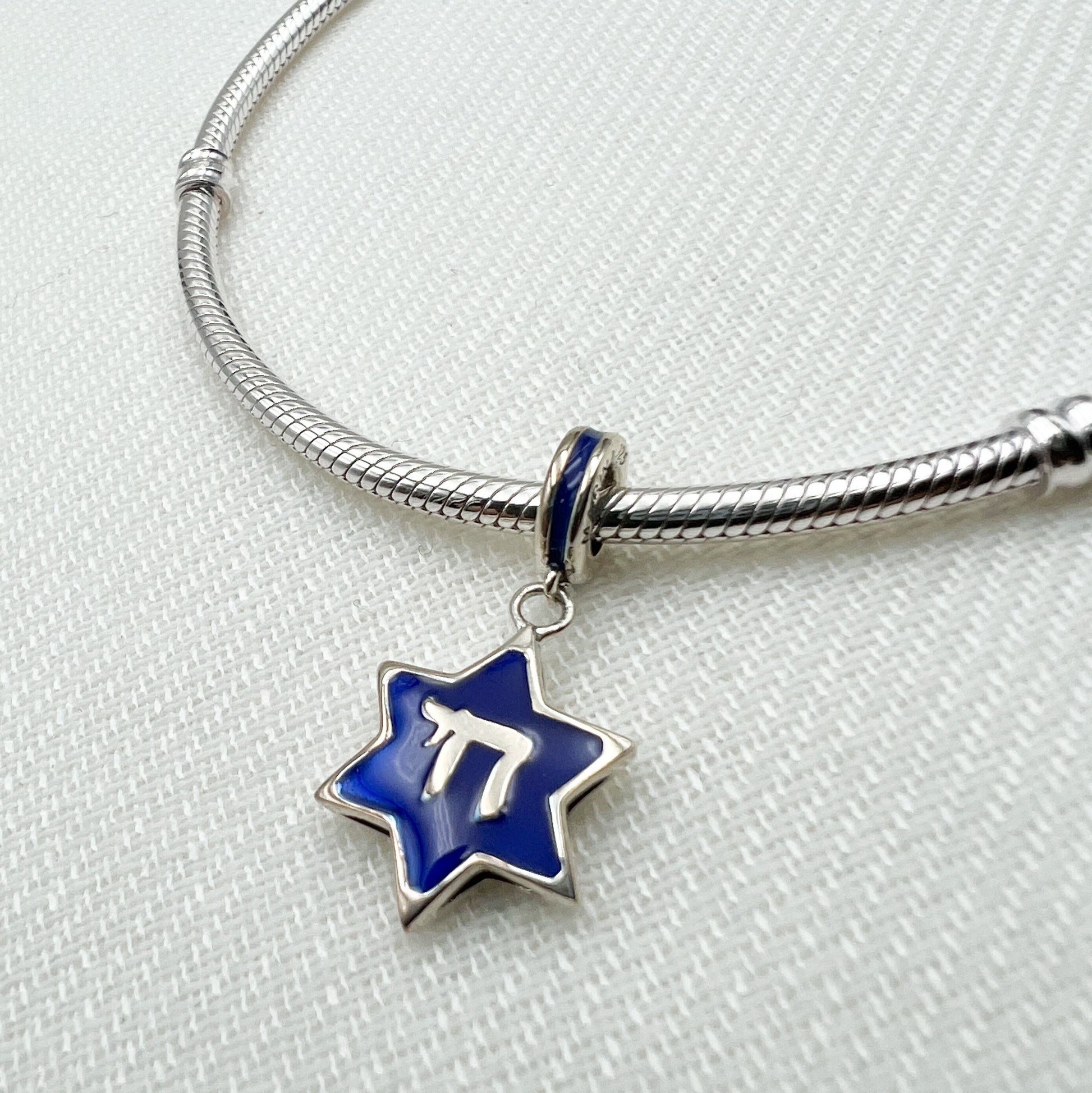 Star of David with Chai Charm in Silver 925 and Blue Enamel - Perfect for Pandora Bracelet