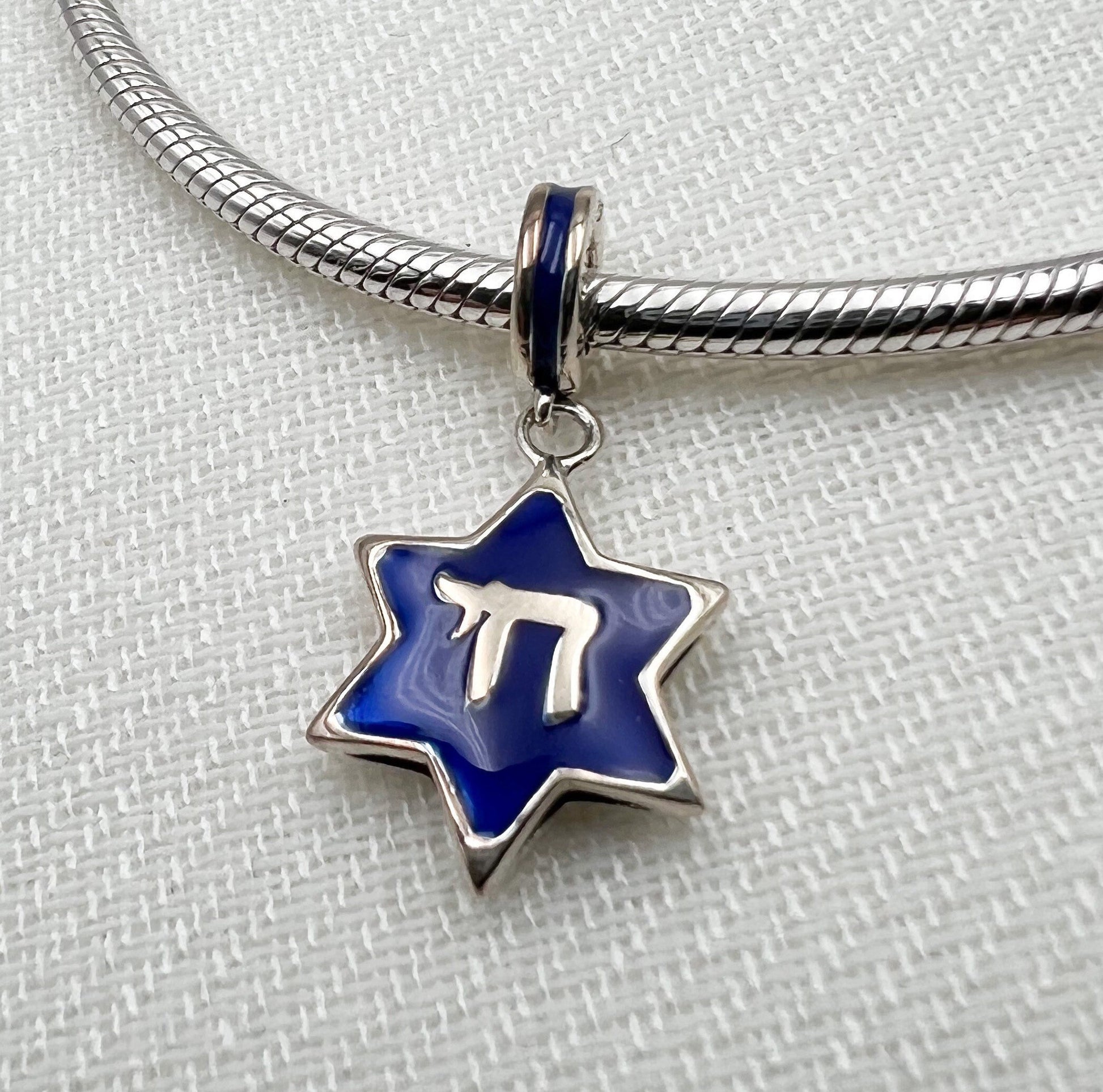 Star of David with Chai Charm in Silver 925 and Blue Enamel - Perfect for Pandora Bracelet