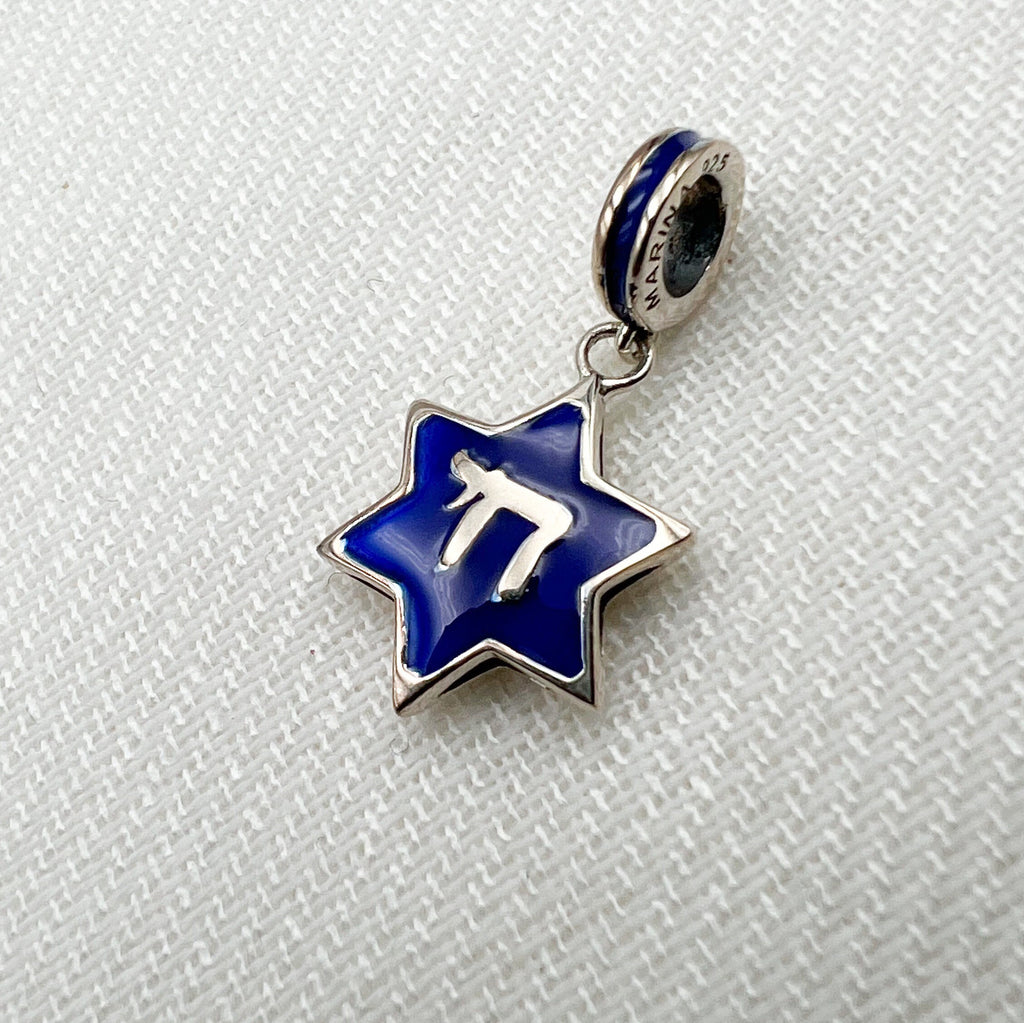 Star of David with Chai Charm in Silver 925 and Blue Enamel - Perfect for Pandora Bracelet