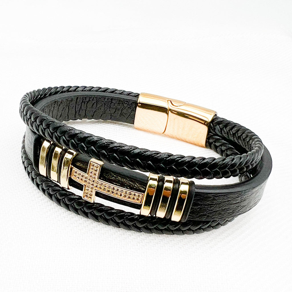 Men's Black Leather Bracelet with Classic Cross and Cubic Zirconia