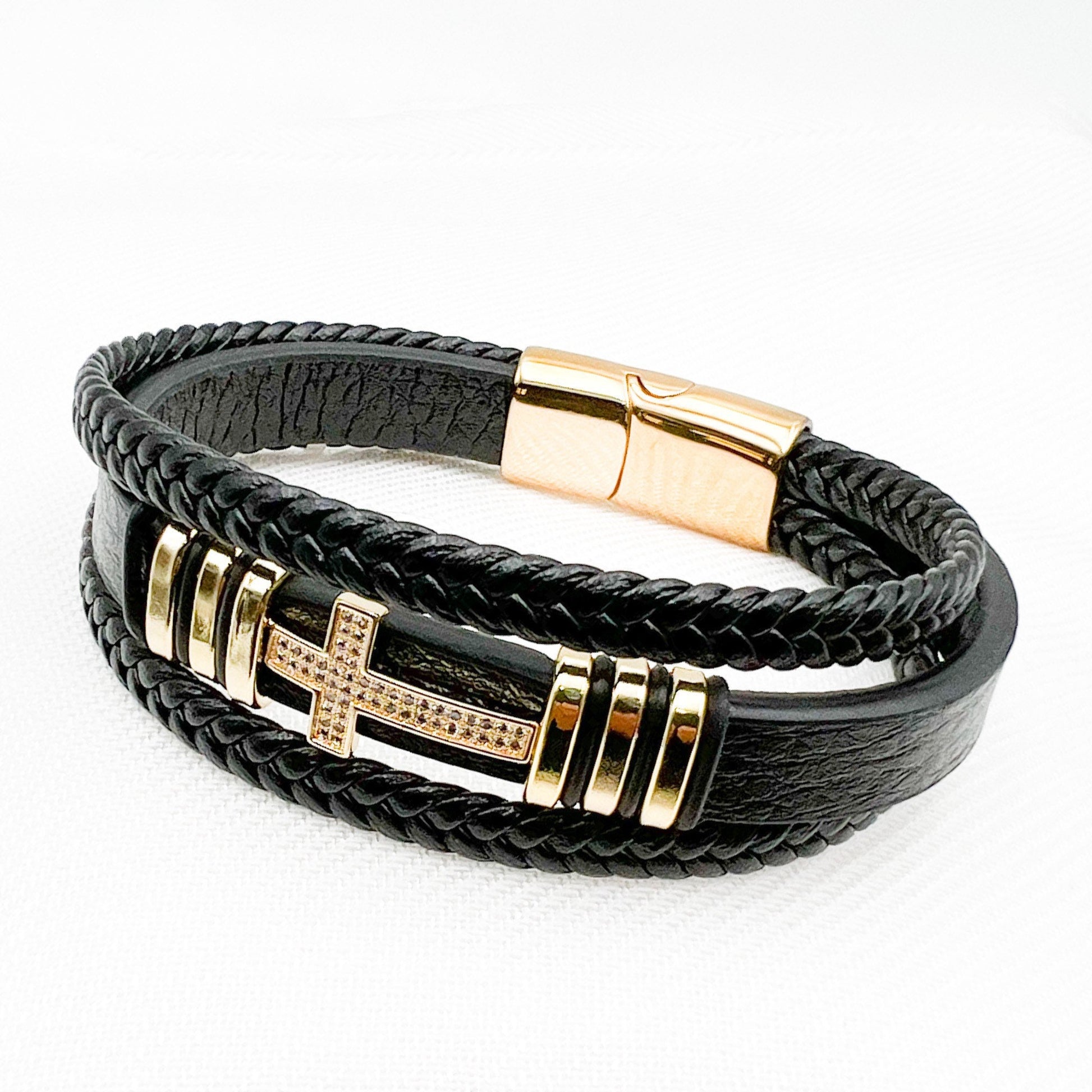 Men's Black Leather Bracelet with Classic Cross and Cubic Zirconia