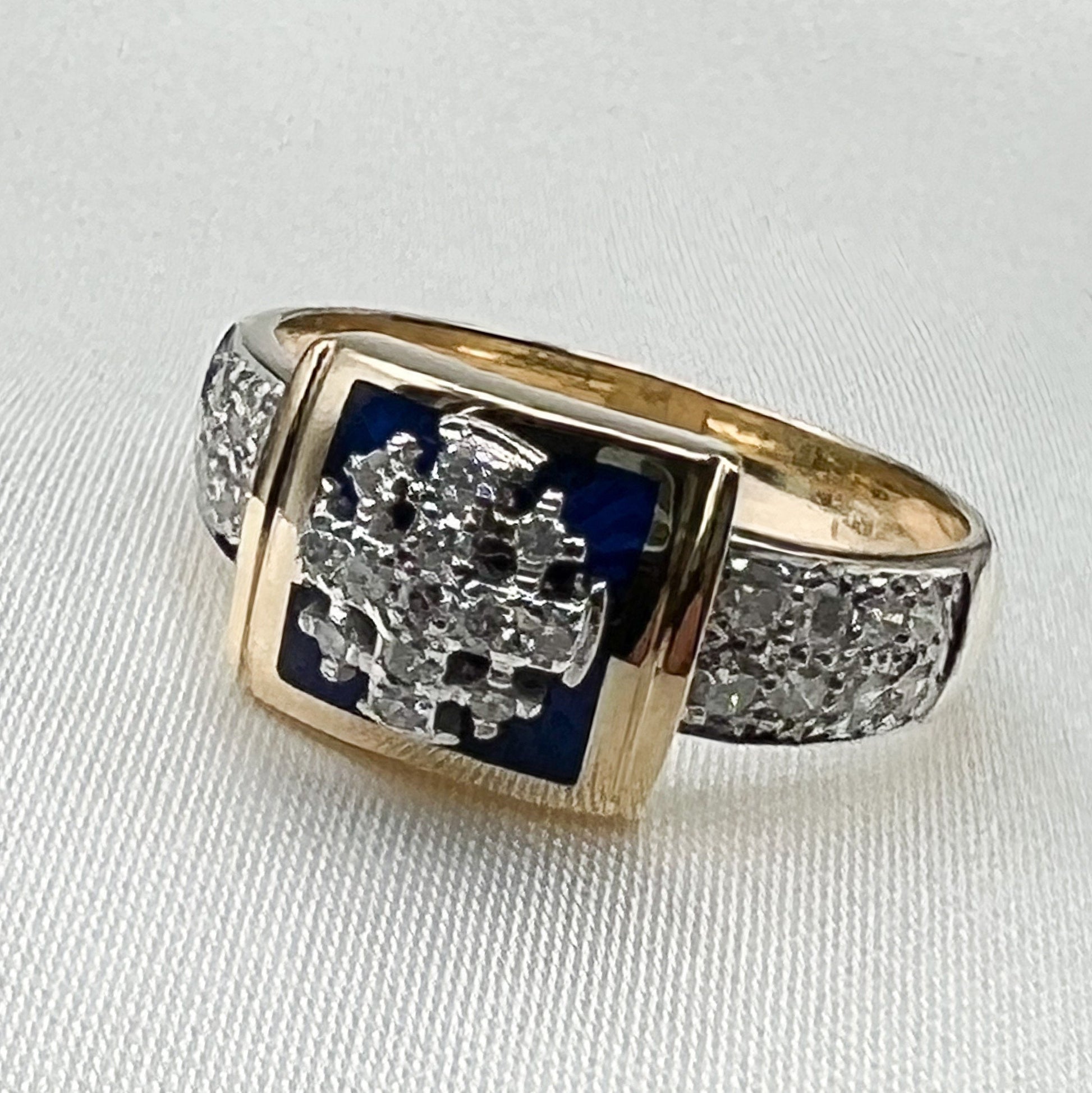 Elegant Jerusalem Cross Ring in 14k Gold, Blue Enamel and Diamonds