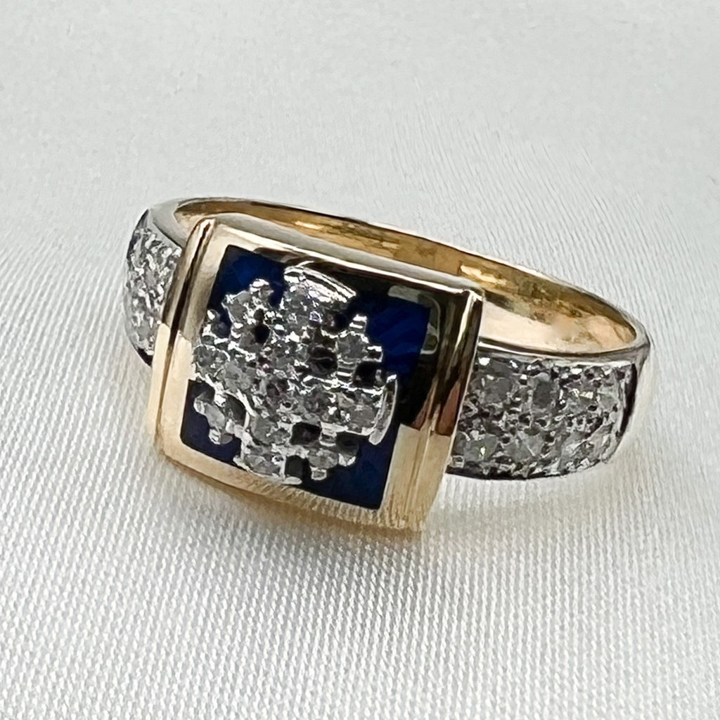 Elegant Jerusalem Cross Ring in 14k Gold, Blue Enamel and Diamonds