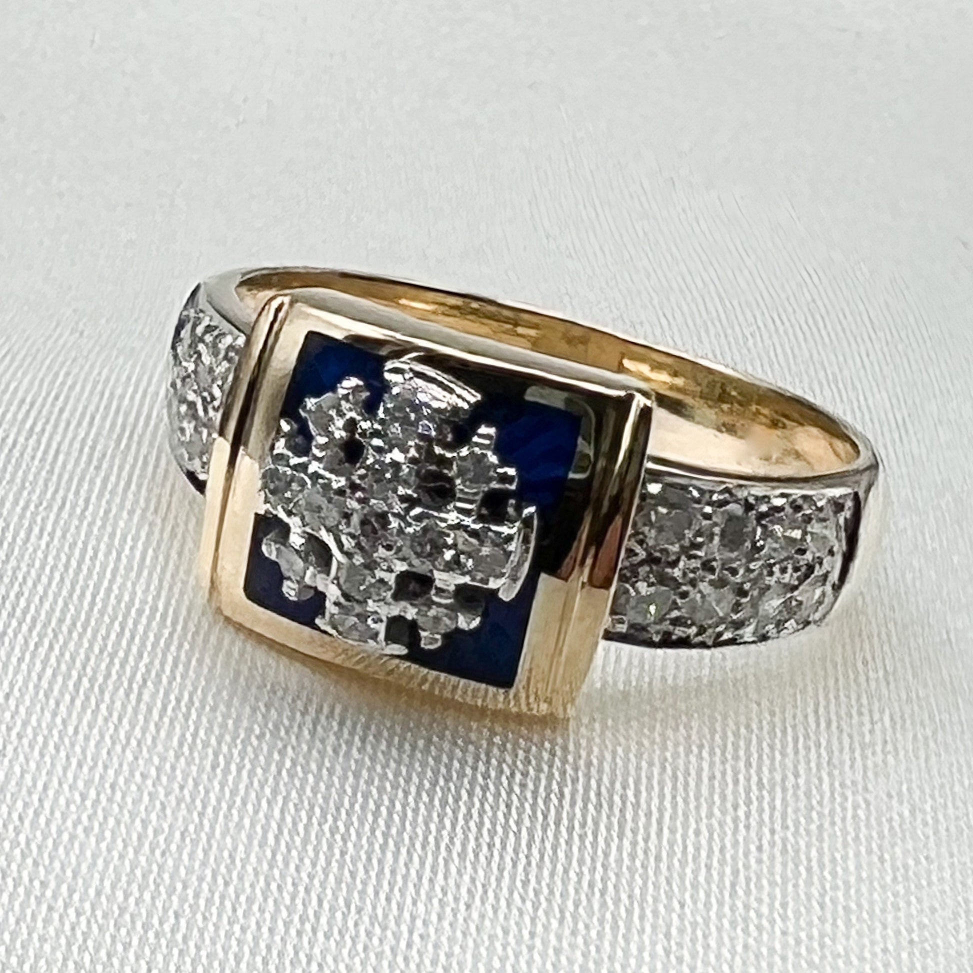 Elegant Jerusalem Cross Ring in 14k Gold, Blue Enamel and Diamonds
