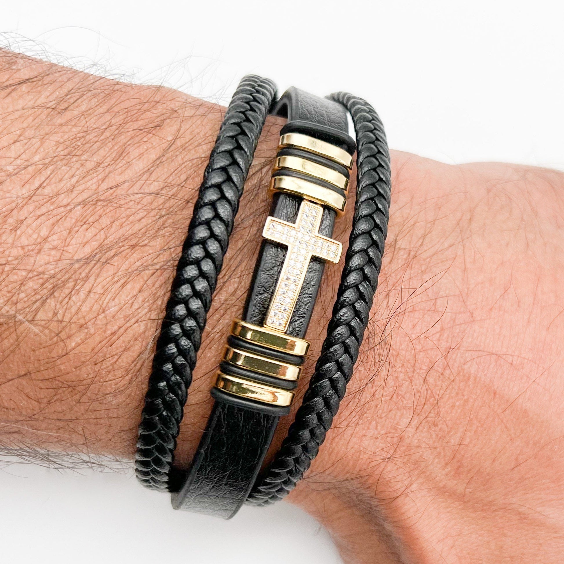 Men's Black Leather Bracelet with Classic Cross and Cubic Zirconia
