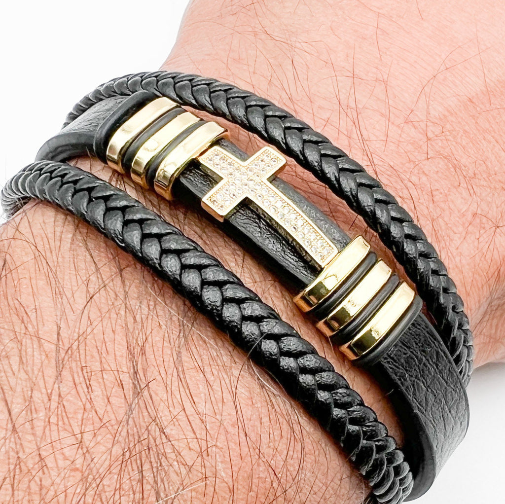 Men's Black Leather Bracelet with Classic Cross and Cubic Zirconia